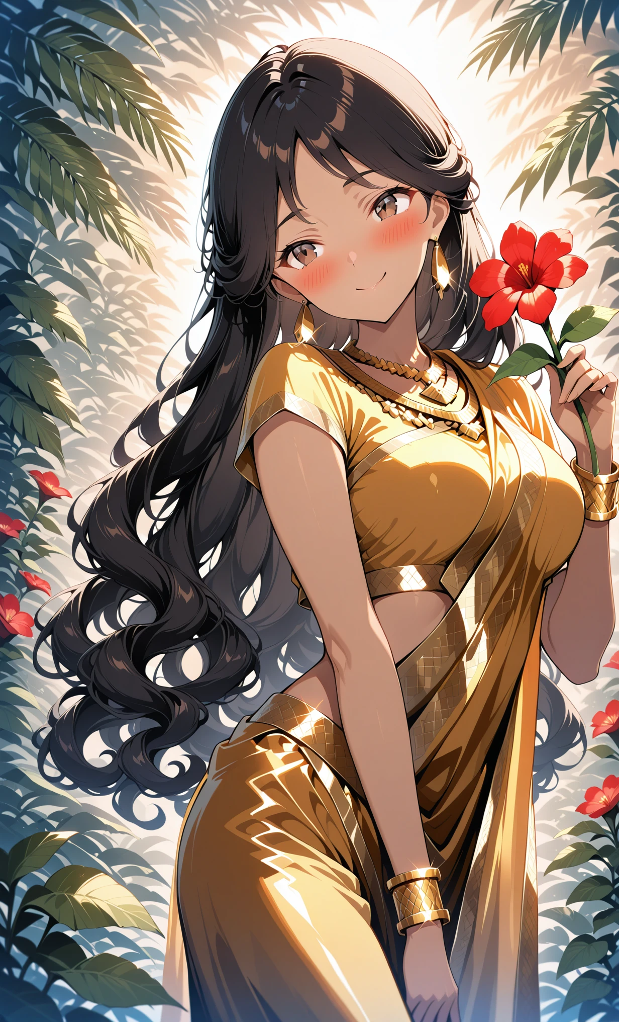 masterpiece, best quality, amazing quality, girl, brown skin, tan skin, perfect brown eyes, very long black hair, wavy hair, whispy bangs, medium breasts, 8k, highest quality, ultra details,1girl, solo,
yellow silk Sari, Indian Girl, Traditional Indian Clothes, Brown Skin, Bangles, Gold Bracelets, Gold necklace, Gold earrings,blush, head tilt, cute smile, summer season,beautiful jungle, red flowers, vines, holding a flower, ,outdoors, warm colors, warm lighting, cowboy shot <lora:Anime_Style_Indian_Sari_Saree_Dress:1> <lora:add_detail:1>