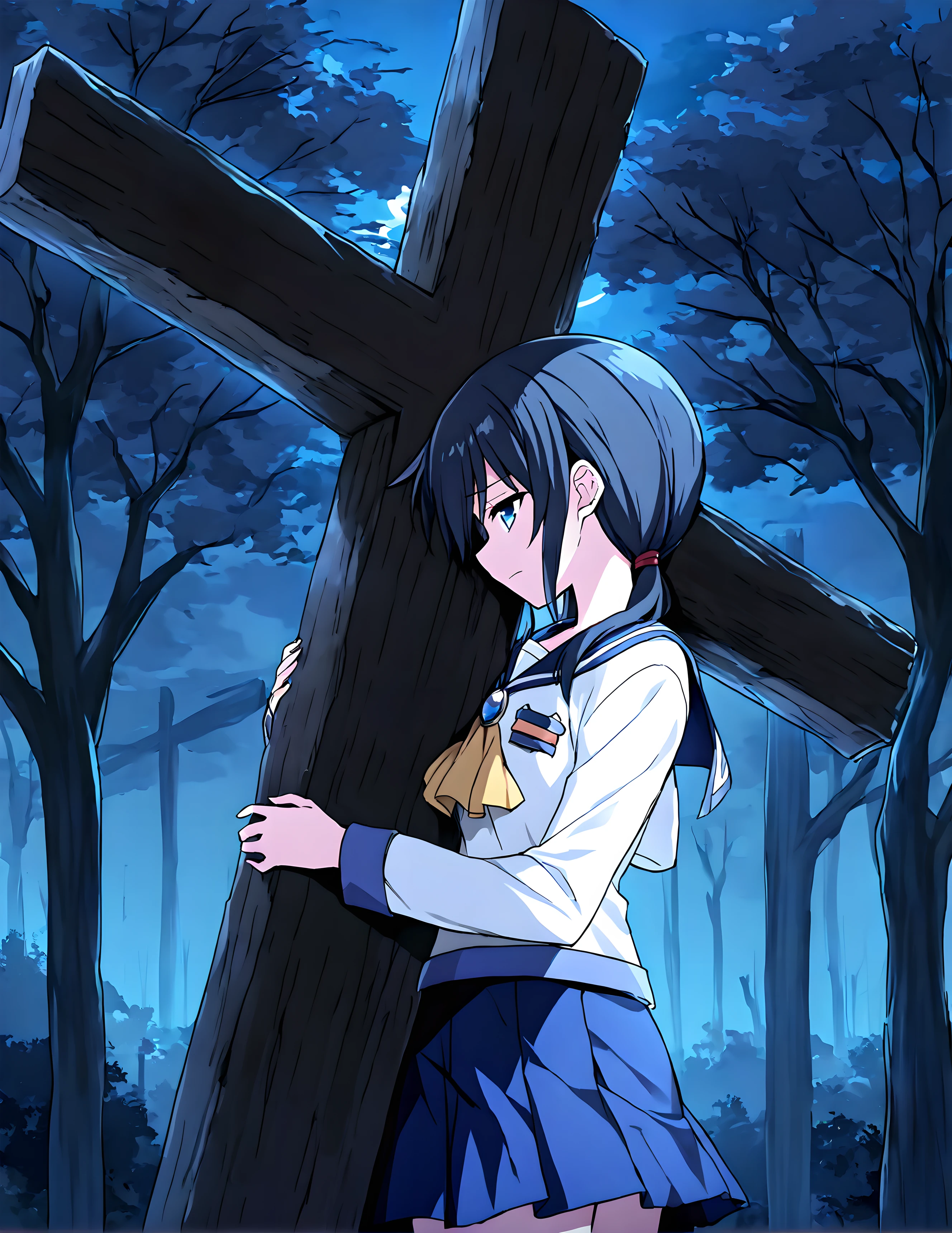 <lora:illustrious_XL_ayumi_v2:0.9>,ayumi,masterpiece,best quality,good quality,1girl,solo,serafuku,long sleeves,ascot,blue pleated skirt,night,withered trees,hug,giant tree cross,despair,cowboy_shot,