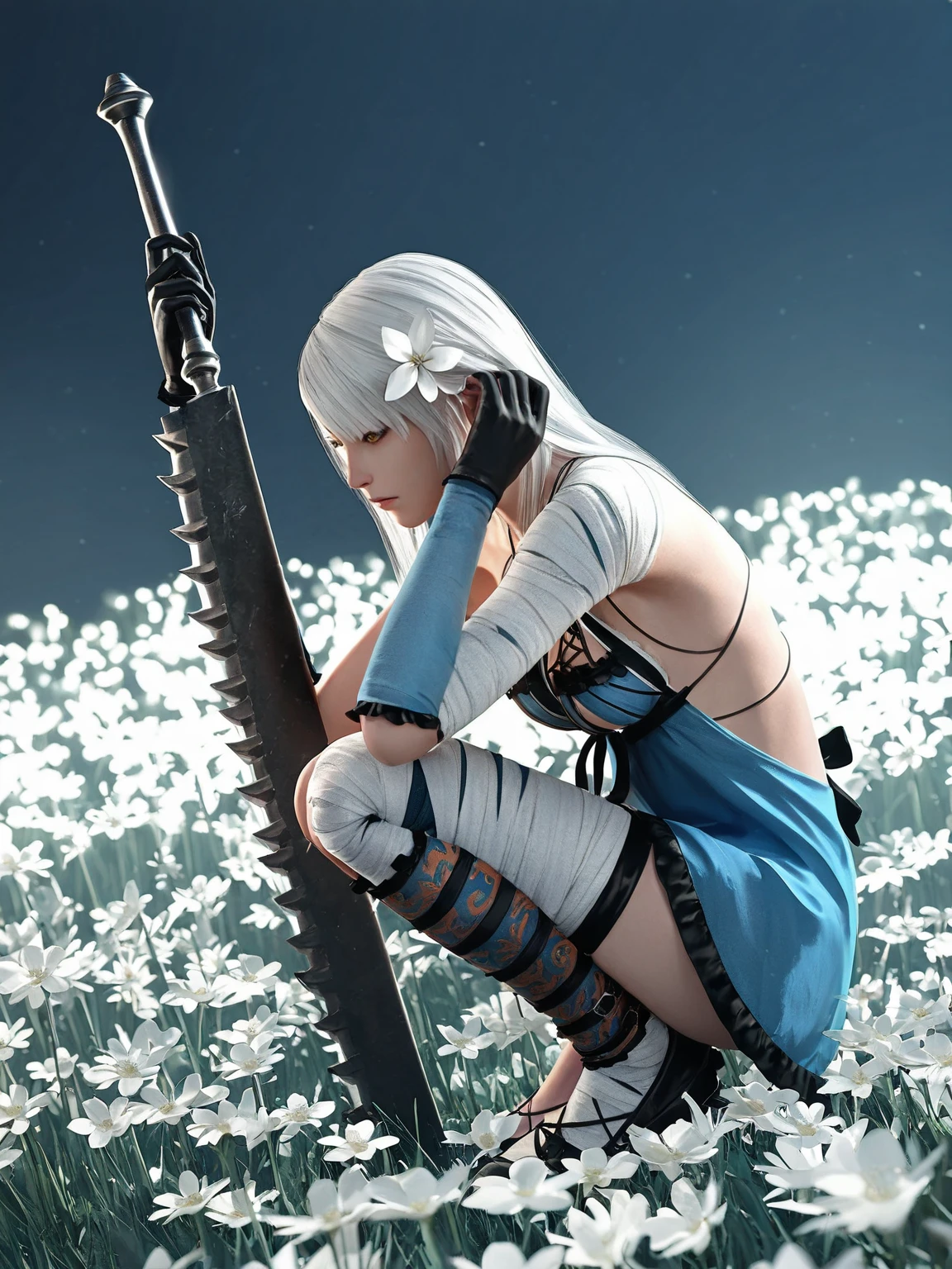 <lora:Nier_KaineDEF-IL:0.8>  1girl, solo, n1erka1ne, white hair, hair flower, hair down, asymmetrical bangs, yellow eyes, negligee, bandaged shoulder, gloves, thigh strap, bandaged leg, black shoes, squatting, side view, planted sword, adjusting hair, 3D, realistic, white flower field, glowing flowers, night, best quality, detailed
