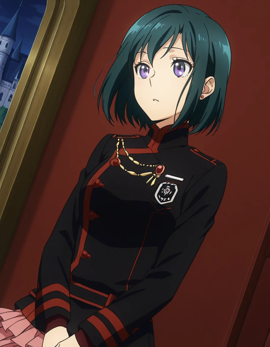 masterpiece, best quality, detailed background, detailed face, anime screencap <lora:Lenalee_Lee_-_D_Gray-Man__Hallow:1>, dutch angle, close up, 1girl, solo,Lenalee Lee Hw, medium hair, dark green hair, purple eyes, earring, medium breasts, third uniform, black collared jacket with red details, long sleeves, red arm sleeves , emblem, pleated skirt, Pink miniskirt, castle, indoors, night time