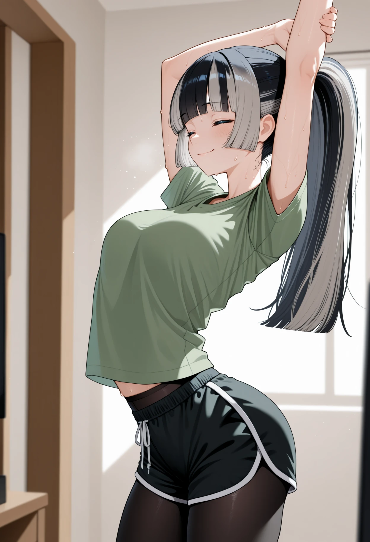 masterpiece, best quality, 1girl, solo, Juufuut3iRdn, blue eyes, black hair, grey hair, multicolored hair, long hair, blunt bangs, ponytail, green shirt, short sleeves, black shorts, dolphin shorts, black pantyhose, pantyhose under shorts, indoors, stretching, sweat, arched back, arms above head, closed eyes, smile, <lora:ChamJuufuuteiRadenNoob:1>