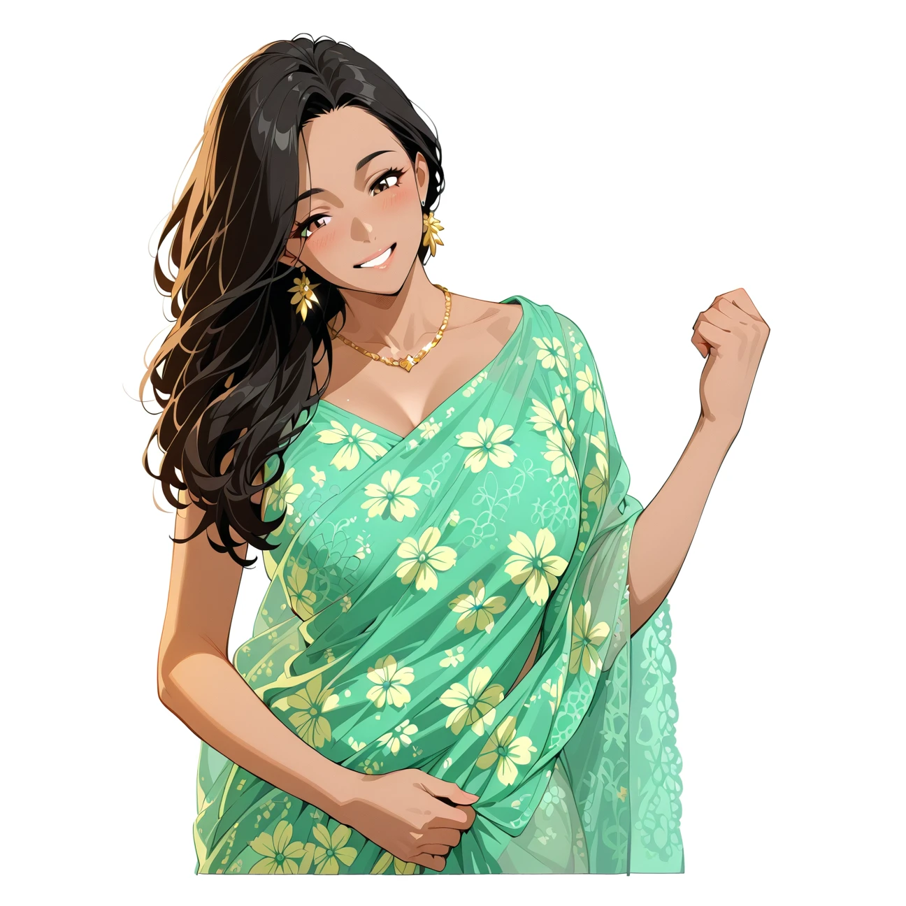 Anime,brown skin, perfect brown eyes, long black hair, wearing a green intricate sari, gold necklace, gold earrings, masterpiece, best quality, amazing quality, standing, happy, yellow floral print background, <lora:Tan_Pokemon_Anime_style_girl:1>
