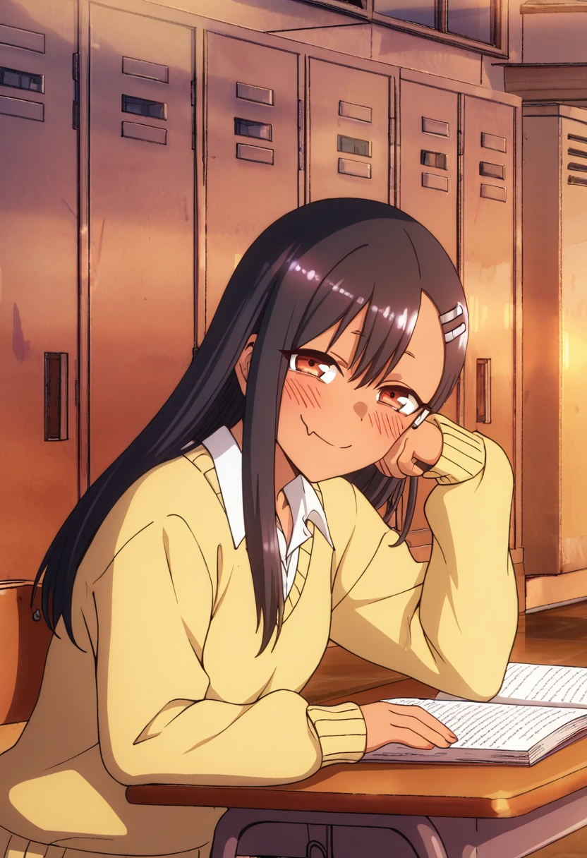 masterpiece, best quality, good quality, very awa, newest, highres, absurdres,outdoors, HayaseNagatoro-DontToyWithMeMissNagatoro,
Hayase Nagatoro \(Don't Toy With Me Miss Nagatoro\), 1girl, solo, long hair, looking at viewer, blush, smile, bangs, skirt, shirt, black hair, hair ornament, long sleeves, brown eyes, sitting, closed mouth, school uniform, white shirt, alternate costume, hairclip, fang, collared shirt, indoors, dark skin, sweater, dark-skinned female, book, chair, skin fang, desk, open book, asymmetrical bangs, classroom, school desk, fang out, locker, school chair, yellow sweater
,<lora:Hayase Nagatoro (Don't Toy With Me, Miss Nagatoro) Illustrious v2:0.8>