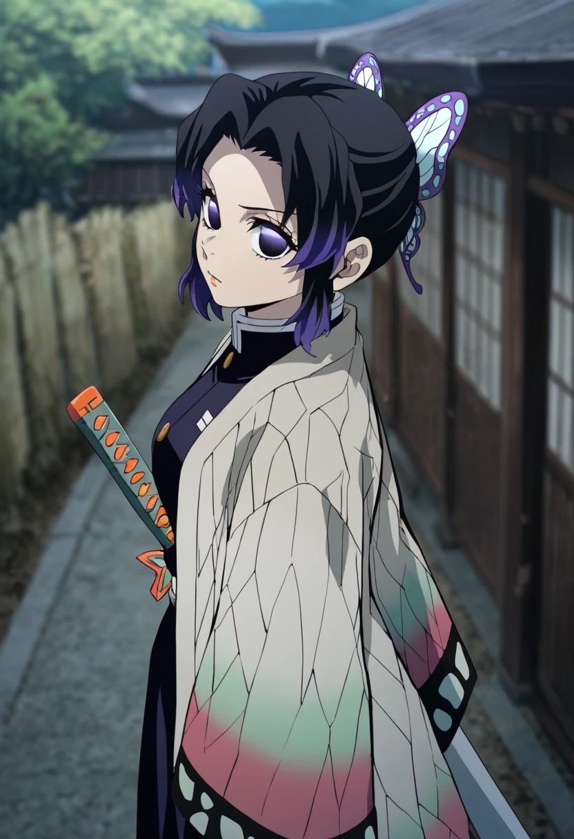 masterpiece, best quality, good quality, very awa, newest, highres, absurdres,outdoors,ShinobuKocho-DemonSlayer,
shinobu kocho \(demon slayer\), 1girl, solo, looking at viewer, short hair, black hair, hair ornament, closed mouth, purple eyes, weapon, purple hair, multicolored hair, japanese clothes, sword, parted bangs, katana, butterfly hair ornament, no pupils, demon slayer uniform, two-tone hair
,<lora:Shinobu Kocho (Demon Slayer) Illustrious v3:0.8>