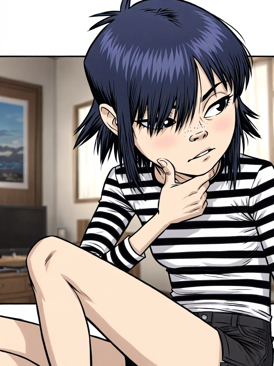 (masterpiece,best quality,newest,absurdres,highres), N00dl3P2, 1girl, solo, short hair, black hair, hair over one eye, black eyes, black shorts, striped shirt,
alluring expression, thoughtful glance, hand lightly touching her chin, slightly parted lips, artistic shadows on her face, pop art influence, graphic novel aesthetic
<lora:Noodle_Phase2_IllustriousXL:0.8>