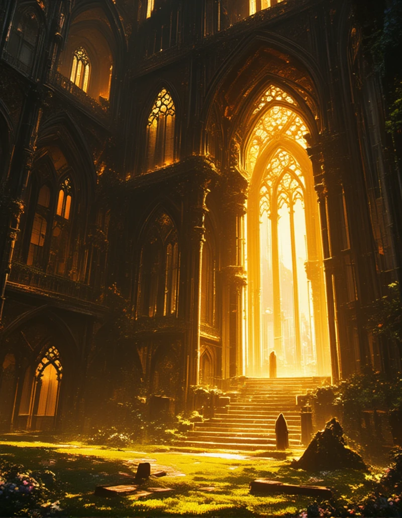 <lora:MW_Minis02flux:1> absurdres, bokeh, breaking in, closeup, columns, dark, enormous, epic, epic details, epic scale, fantasy, fire veins, flowers, gold, grass, huge, illuminated windows, indoors, medieval, medieval buildings, open jaw, t2, t5, towers, yellow