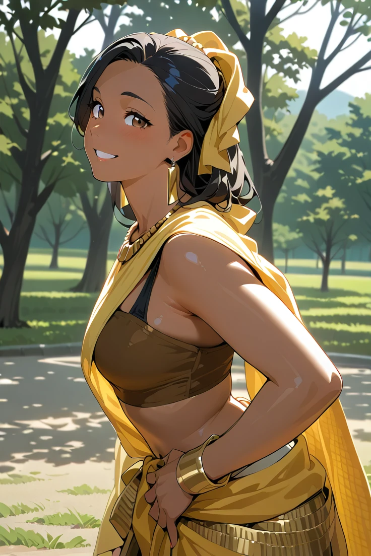 Anime,brown skin,perfect brown eyes,long black hair, wearing a yellow sari, happy, gold necklace, gold earrings, masterpiece, best quality, amazing quality, from the side, looking at viewer, midriff, standing, hand on hip, at the park , <lora:Tan_Pokemon_Anime_style_girl:1>