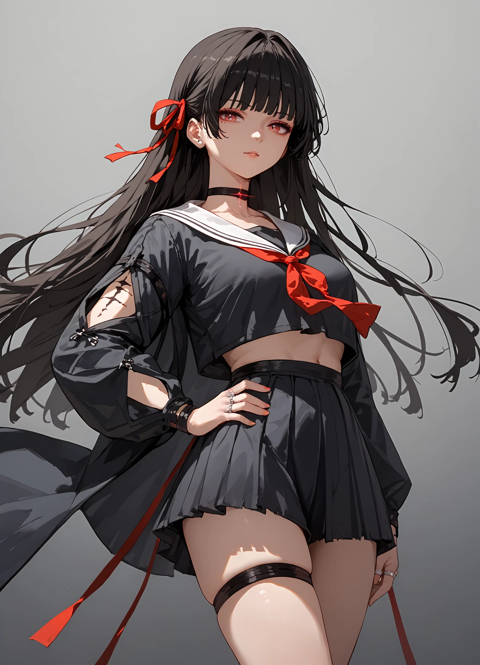 (score_9, score_8_up, score_7_up), 1girl, chisa, hair ribbon, mole under eye, choker, arm tattoo, finger ring, thigh strap, hand on own hip, gradient background, <lora:chisa-wwPO-v1:0.9>
