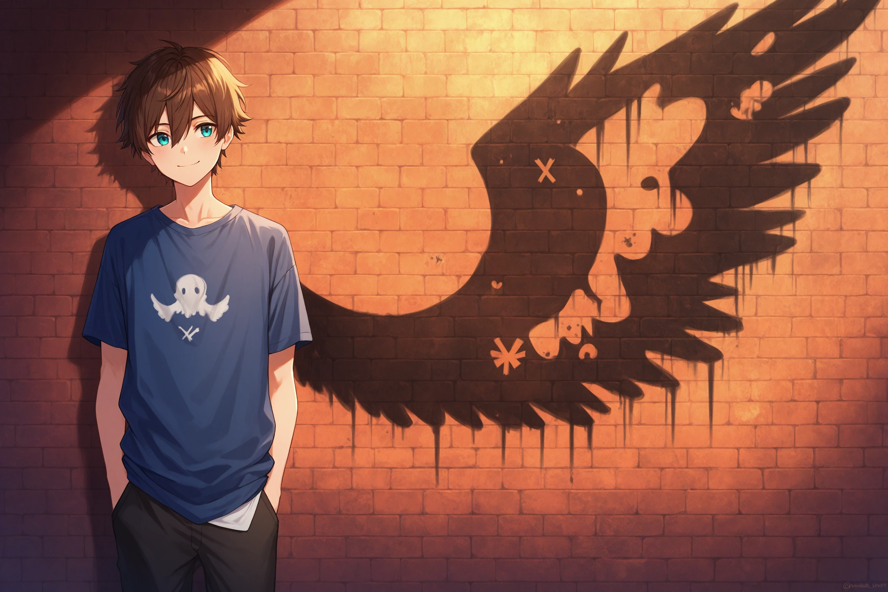 masterpiece, best quality, absurdres, safe
1boy, wings graffiti, brick wall, smile, male focus
<lora:angel_with_a_shotgun_il_5_d16:1>