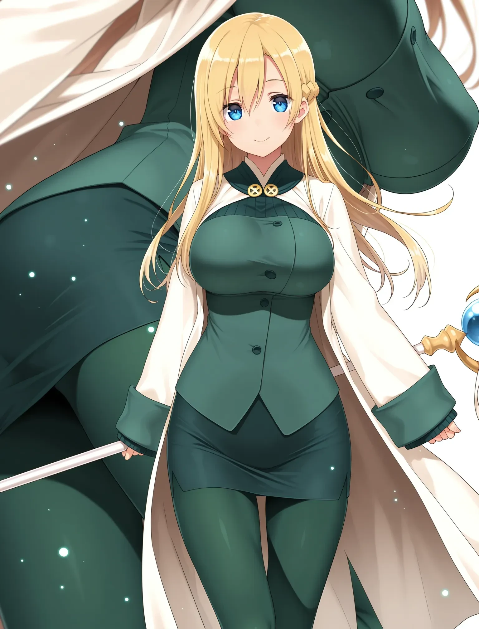 1girl,masterpiece,best quality,amazing quality,depth of field,no lineart,solo,<lora:mintSN:0.9>,mintSN,large breasts,pantyhose,pencil skirt,skirt,green pantyhose,long sleeves,miniskirt,green skirt,sleeves past wrists,vest,staff,holding,flower,blurry,light particles,looking at viewer,smile,mtu virus,multiple views,