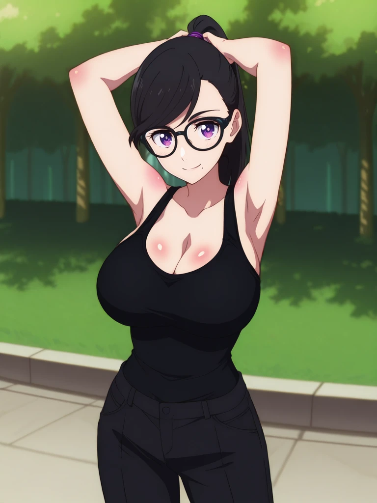 32k, Super-Resolution, professional, masterpiece, best quality, absurdres, award winning, Digital Art, very aesthetic, absolutely eye-catching, Cinematic Lighting, 16-bit RGB, character focus, perfect anatomy,body blush, perfect hands, ultra detailed, soft skin, Ray Tracing Global Illumination, Depth of Field, Cinematic, Ray Tracing Reflections, Concept Art, breathtaking, White Balance, F/2.8, Perspective, detailed gorgeous body, detailed gorgeous background, Anti-Aliasing, <lora:StS-Illustrious-Detail-Slider-v1.0:3>,extreme details, RTX, <lora:dynamic-pose-illustriousxl-lora-nochekaiser:1>, (dynamic pose), <lora:NSFW slider PXL_last:3>, cowboy shot, large breasts, <lora:hizuru:1>, hizuru,black hair,swept bangs, purple eyes, black glasses, mole under mouth, anime screenshot, hizurudress, black tank top,black pants, ponytail, , outdoors, seductive smile, hair tie, armpits,