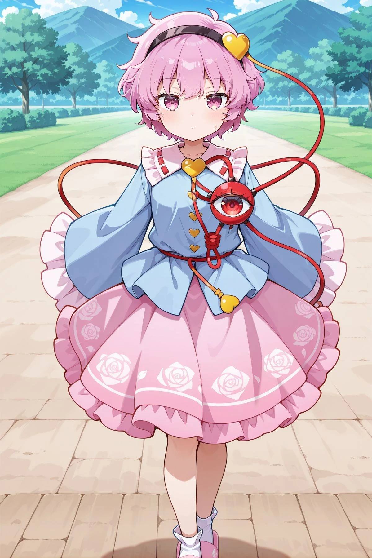 absurdres, highres, masterpiece, best quality, amazing quality, official anime artwork, screencap, anime screencap, outdoors, looking at viewer, dynamic pose, day, plains,
<lora:Komeiji-Satori_IllustriousV2:1> komeiji satori, 1girl, solo, pink eyes, pink hair, short hair, third eye,, black hairband, heart hair ornament, blue shirt, long sleeves, frilled sleeves, wide sleeves, heart button, yellow buttons, pink skirt, frilled skirt, white socks, pink slippers,