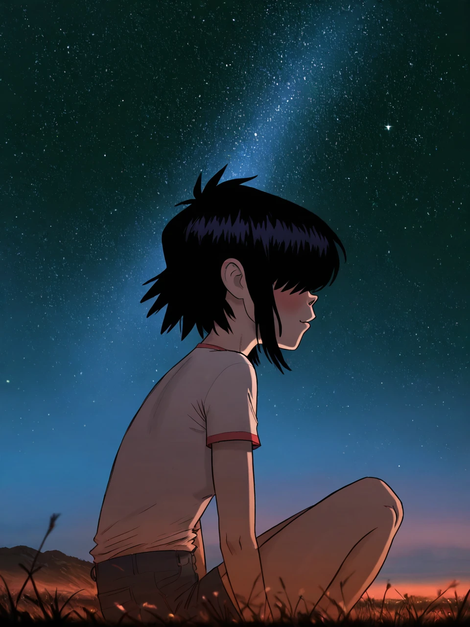 (masterpiece,best quality,newest,absurdres,highres), N00dl3P2, 1girl, solo, short hair, black hair, hair over eyes, romantic, stargazing, open field, night sky, starscape, ethereal lighting, soft rimlight, atmospheric, night ambiance <lora:Noodle_Phase2_IllustriousXL:0.8>