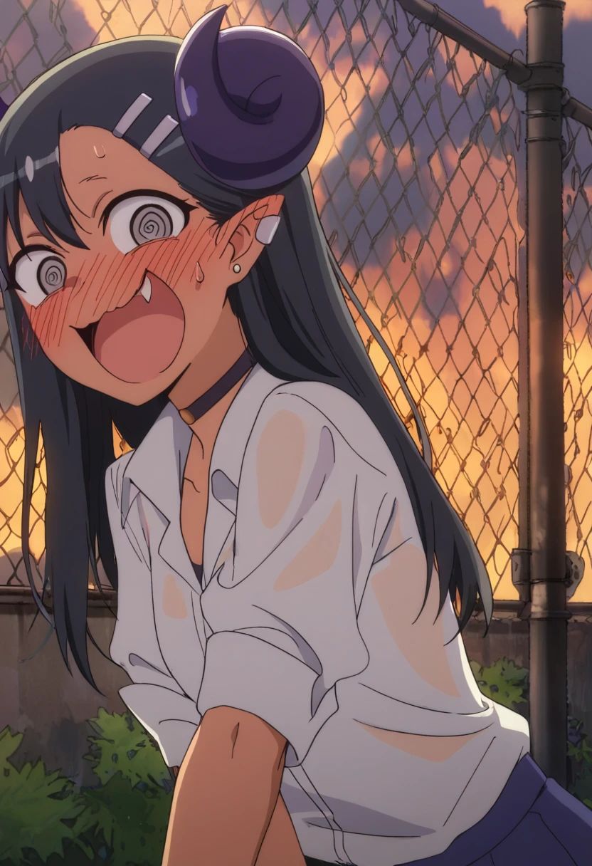 masterpiece, best quality, good quality, very awa, newest, highres, absurdres,outdoors, HayaseNagatoro-DontToyWithMeMissNagatoro,
Hayase Nagatoro \(Don't Toy With Me Miss Nagatoro\), 1girl, solo, blush, smile, open mouth, black hair, jewelry, sweat, earrings, horns, choker, pointy ears, fang, grey eyes, @ @, excited, embarrassed, looking at viewer, upper body
,<lora:Hayase Nagatoro (Don't Toy With Me, Miss Nagatoro) Illustrious v1:0.8>