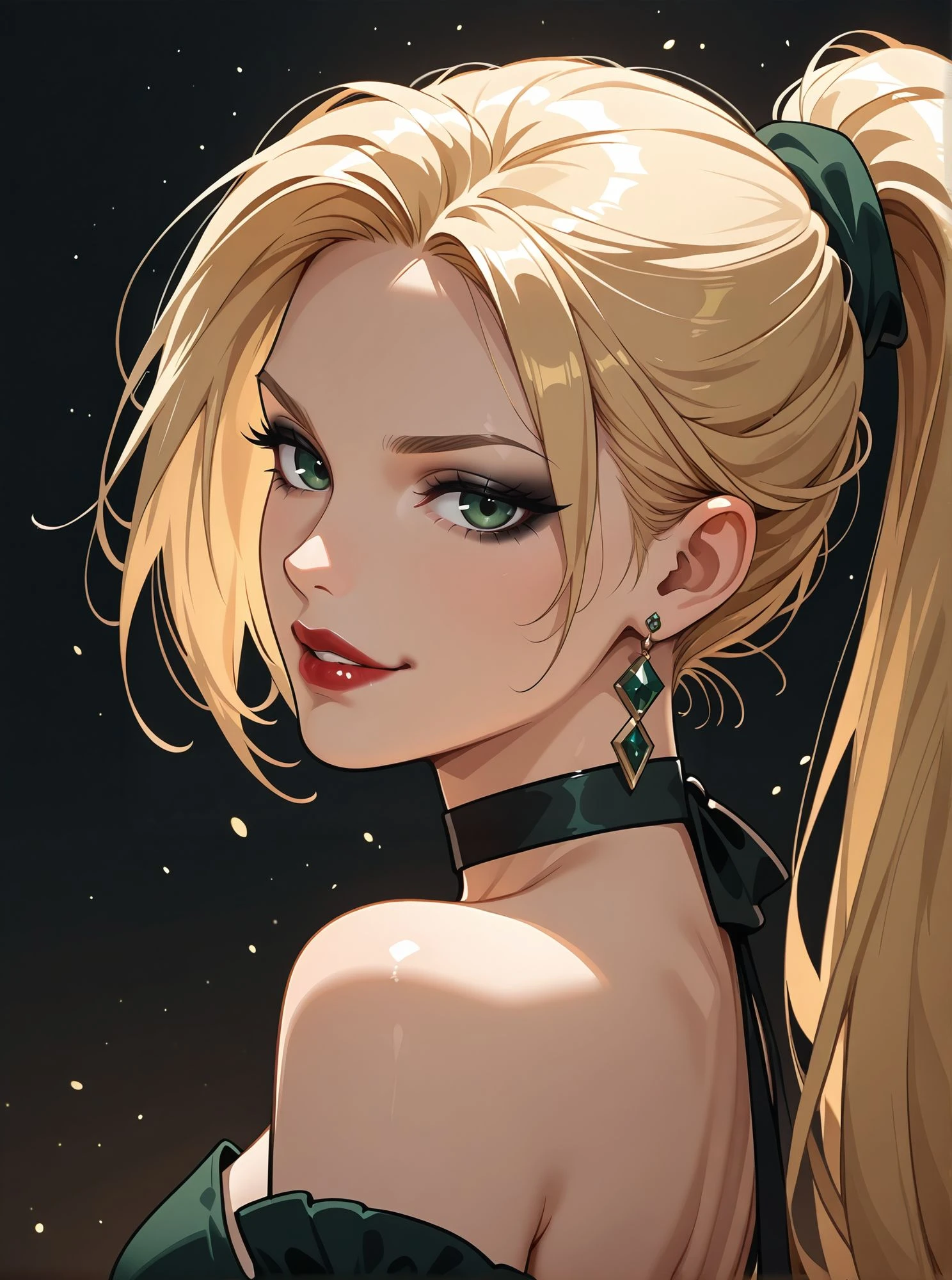 woman, looking at viewer, dark background,  shoulders, choker, black eyeliner, eyeshadows, suspended particles, detached sleeves, elegant outfit, earrings, side view, smirk, <lora:Woomy 6 IL:0.8> dark green eyes, red lips, full lips, blond, ponytail,