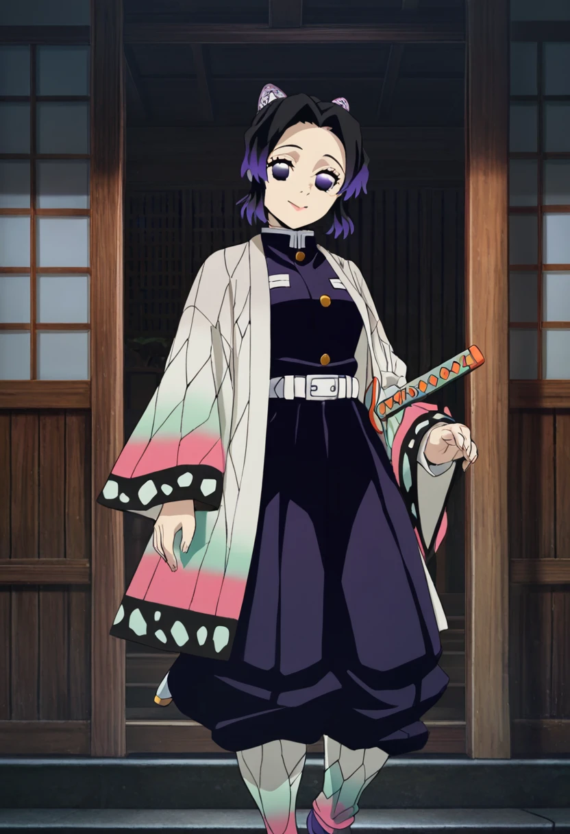 masterpiece, best quality, good quality, very awa, newest, highres, absurdres,outdoors,ShinobuKocho-DemonSlayer,
shinobu kocho \(demon slayer\), 1girl, solo, looking at viewer, smile, short hair, black hair, hair ornament, long sleeves, closed mouth, standing, purple eyes, weapon, purple hair, multicolored hair, japanese clothes, belt, sword, indoors, wide sleeves, uniform, butterfly hair ornament, haori, white belt, demon slayer uniform, no pupils, two-tone hair, purple jacket, purple pants, legwear
,<lora:Shinobu Kocho (Demon Slayer) Illustrious v3:0.8>