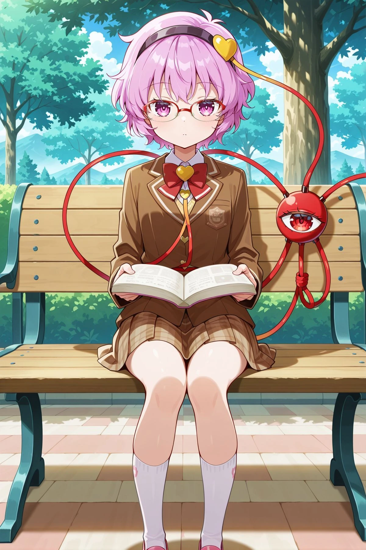 absurdres, highres, masterpiece, best quality, amazing quality, official anime artwork, screencap, anime screencap, looking at viewer, outdoors, shadow,
<lora:Komeiji-Satori_IllustriousV2:0.8> komeiji satori, 1girl, solo, pink eyes, pink hair, short hair, third eye,, komeiji satori \(smart earth spirit student president\), alternate costume, glasses, pink eyewear, black hairband, heart hair ornament, brown jacket, blazer, long sleeves, school uniform, collared shirt, white shirt, red bowtie, brown skirt, plaid skirt, pleated skirt, miniskirt, kneehighs, white socks, pink shoes, open book, sitting, bench, tree, reading,