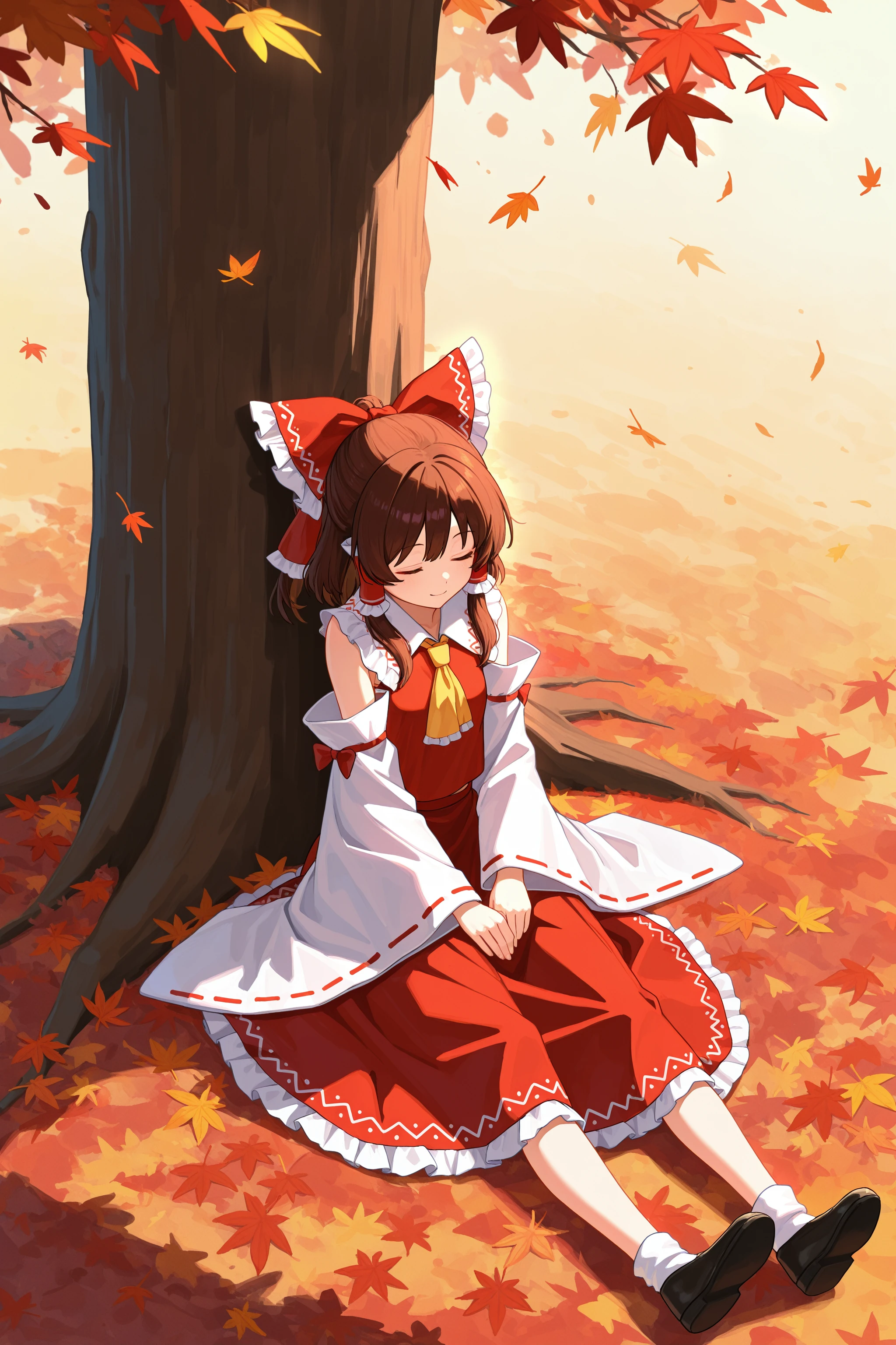 masterpiece, best quality, absurdres, safe
1girl, sitting, outstretched legs, on ground, full body,
against tree, smile, hakurei reimu, sleeping, autumn leaves,
<lora:outstretched_legs_il_2_v2_final:1>