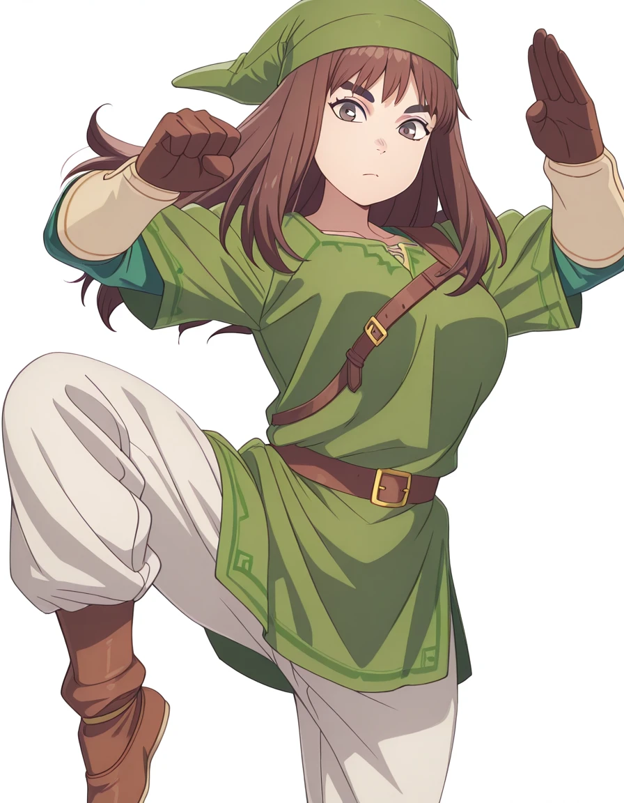 masterpiece, best quality, amazing quality,, <lora:kiruko-s1-illustriousxl-lora-nochekaiser:1>, kiruko, long hair, bangs, brown hair, brown eyes, thick eyebrows, mature female, meduim breasts, anime screencap, <lora:link-cosplay-illustriousxl-lora-nochekaiser:1>, link cosplay, link (cosplay), belt, brown gloves, cosplay, green hat, green tunic, pants, white pants, tunic, <lora:kung-fu-illustriousxl-lora-nochekaiser:1>, kung fu, martial arts, training, fighting stance, cowboy shot, hands up, leg up, , <lora:transparent-background-illustriousxl-lora-nochekaiser:1>, transparent background, simple background, white background