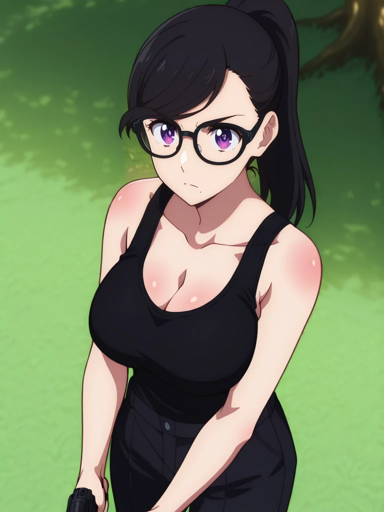 32k, Super-Resolution, professional, masterpiece, best quality, absurdres, award winning, Digital Art, very aesthetic, absolutely eye-catching, Cinematic Lighting, 16-bit RGB, character focus, perfect anatomy,body blush, perfect hands, ultra detailed, soft skin, Ray Tracing Global Illumination, Depth of Field, Cinematic, Ray Tracing Reflections, Concept Art, breathtaking, White Balance, F/2.8, Perspective, detailed gorgeous body, detailed gorgeous background, Anti-Aliasing, <lora:StS-Illustrious-Detail-Slider-v1.0:3>,extreme details, RTX, <lora:dynamic-pose-illustriousxl-lora-nochekaiser:1>, (dynamic pose), <lora:NSFW slider PXL_last:3>, cowboy shot, large breasts, <lora:hizuru:1>, hizuru,black hair,swept bangs, purple eyes, black glasses, mole under mouth, anime screenshot, hizurudress, black tank top,black pants, holding gun, ponytail, serious, outdoors,