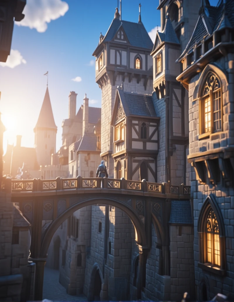 <lora:MW_Minis02flux:1> m1md, animation, medieval, epic, epic details, epic scale, absurdres, outdoors, closeup, arches, medieval city, medieval windows, bokeh, knight guard, on a bridge from side, illuminated windows, lights, sunset, blue sky, white clouds, god rays,
