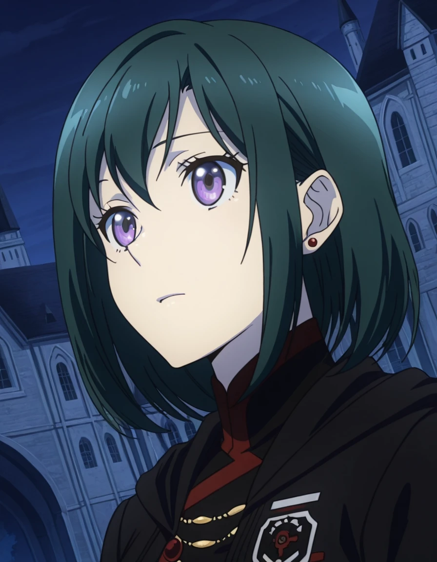 masterpiece, best quality, detailed background, detailed face, anime screencap <lora:Lenalee_Lee_-_D_Gray-Man__Hallow:1>, dutch angle, close up, 1girl, solo,Lenalee Lee Hw, medium hair, dark green hair, purple eyes, earring, medium breasts, black Hooded coat, third uniform, black collared jacket with red details, castle, indoors, night time