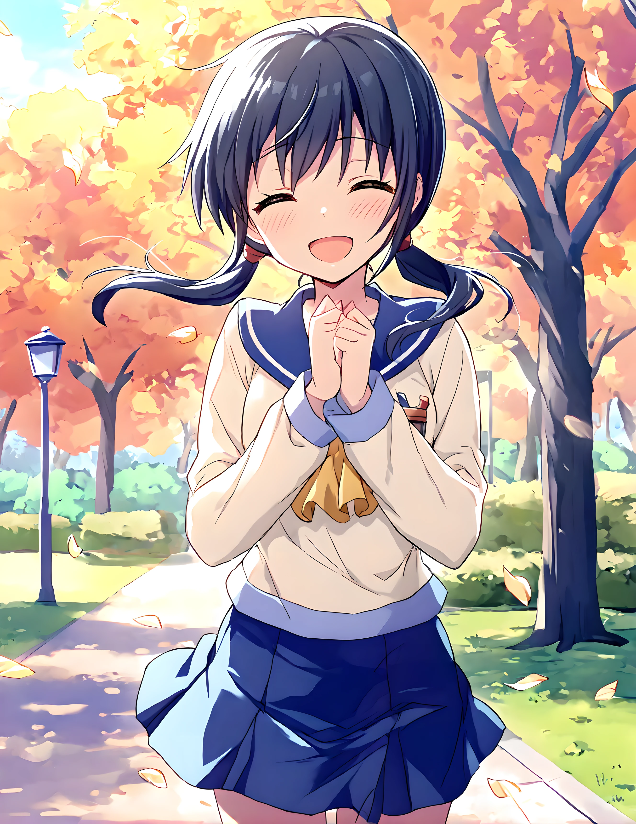 <lora:illustrious_XL_ayumi_v2:0.9>,ayumi,masterpiece,best quality,good quality,1girl,solo,serafuku,long sleeves,ascot,blue pleated skirt,white kneehighs,park,nature,day,cowboy_shot,happy,laughing,light_blush,hair fluttering in the wind,a flickering,