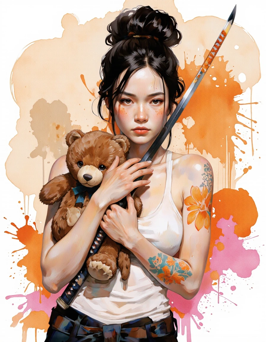 Ablatamahota style. A digital illustration shoot from a portrait angle about a young woman with a serious expression holding a teddy bear and a katana, set against a colorful abstract background with splashes of orange and pink. the image also shows a young asian woman standing confidently in the middle of the image, with her upper body facing the viewer and her eyes looking directly at the viewer. she has pale skin, black hair tied in a messy bun, and is wearing a white tank top that shows off her bare shoulders and bare shoulders, with a tattoo of orange flowers on her right arm. her expression is serious and determined, with freckles on her face and a hint of blush on her cheeks. she is holding a large, brown teddybear close to her chest, and a samurai katana in her left hand. the background is composed of abstract splatters of orange, pink, and beige, creating a vibrant and dynamic composition. overall, the image conveys a sense of strength and resilience, with the woman's determined expression and the bear's soft, plush texture adding to the overall sense of comfort and security.