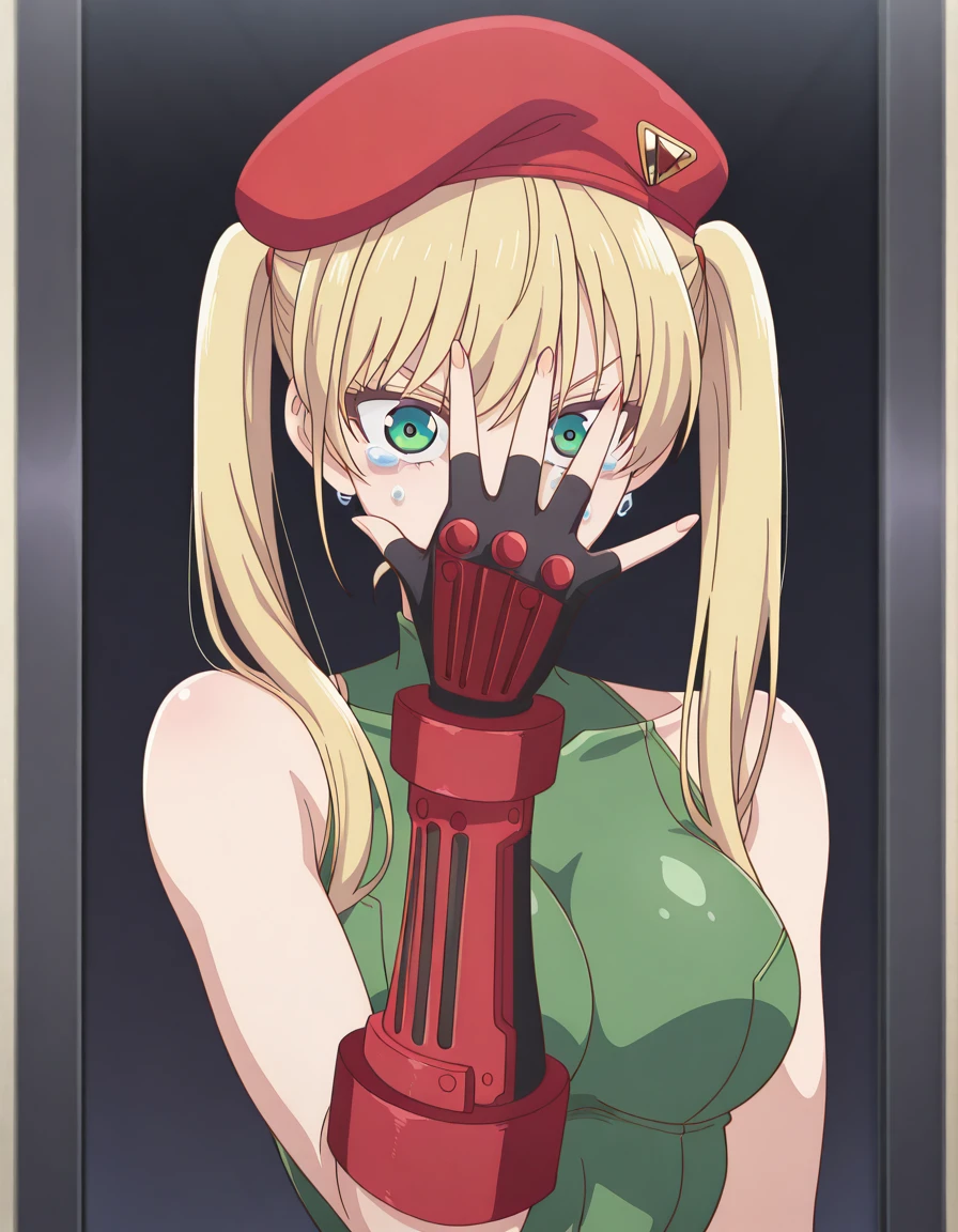 masterpiece, best quality, amazing quality,, <lora:rika-hoshizaki-s2-illustriousxl-lora-nochekaiser:1>, rika hoshizaki, green eyes, blonde hair, twintails, mature female, breasts, anime screencap, <lora:cammy-white-cosplay-illustriousxl-lora-nochekaiser:1>, cammy white cosplay, cammy white (cosplay), beret, fingerless gloves, gloves, green leotard, hat, leotard, red beret, bare shoulders, highleg leotard,, <lora:jonathan-joestars-pose-illustriousxl-lora-nochekaiser:1>, jonathan joestars pose, jonathan joestar's pose (jojo), jojo pose, covering face, hand up, upper body, crying_with_eyes_open, open mouth, , ,