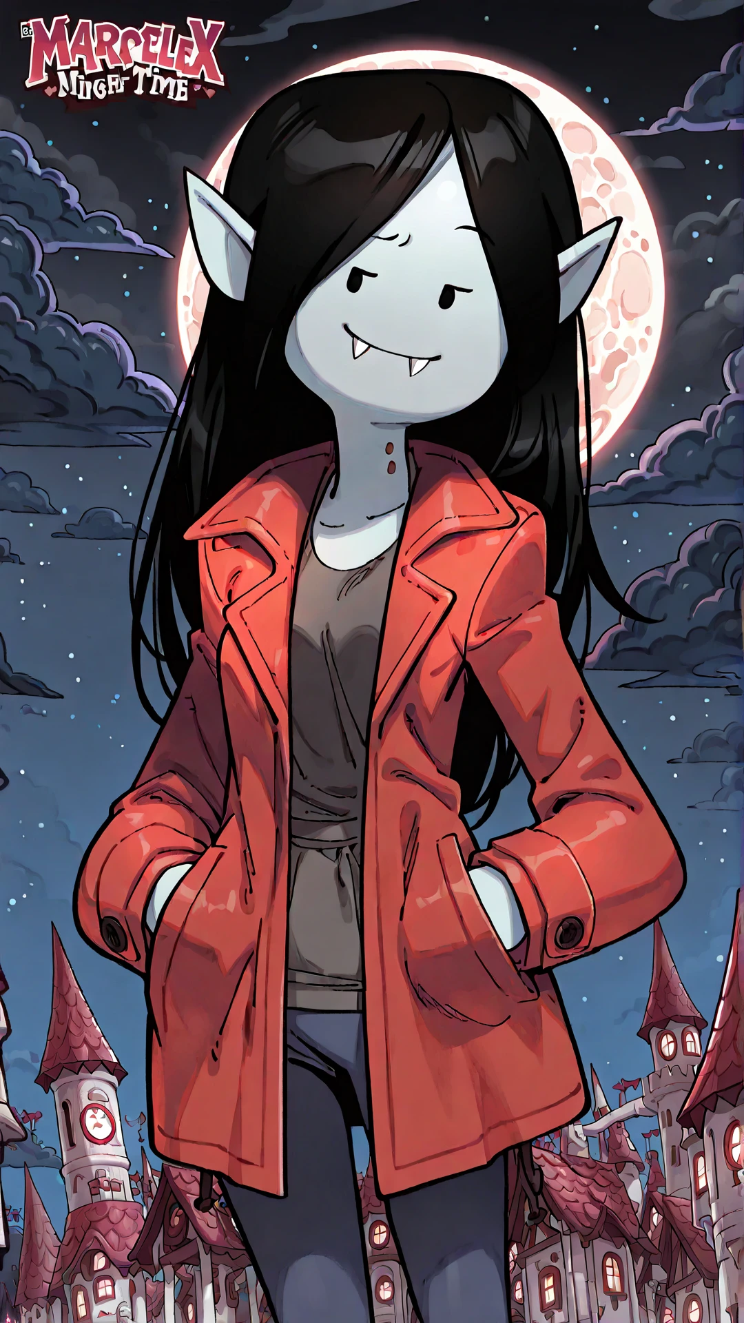 adventuretime_marceline, ((best quality, masterpiece, absurdres)), ((1girl, solo, long hair, black hair, pointy ears, black eyes, solid oval eyes, fangs, grey skin)), ((coat, hands in pocket)), ((looking at viewer, smile)), ((promotional art, very aesthetic, night time))
