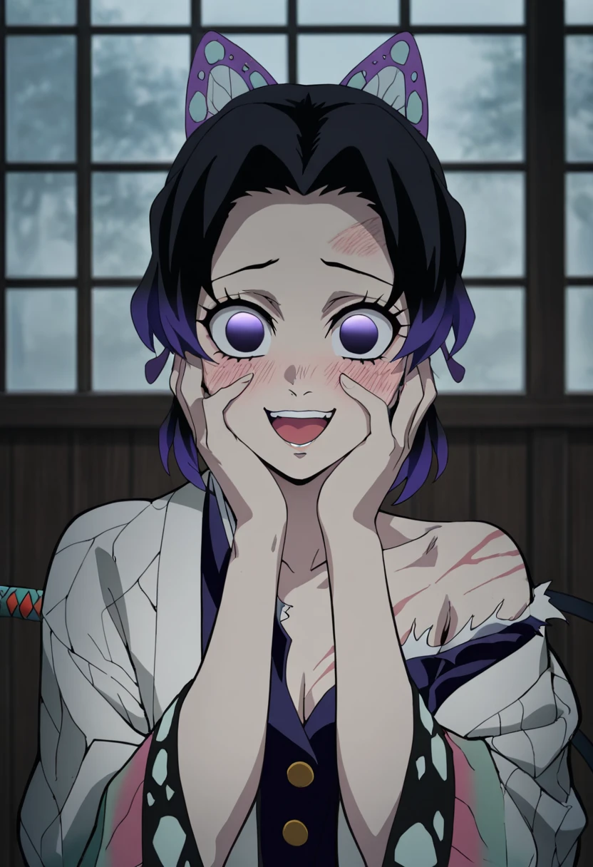masterpiece, best quality, good quality, very awa, newest, highres, absurdres,outdoors,ShinobuKocho-DemonSlayer,
shinobu kocho \(demon slayer\), 1girl, solo, looking at viewer, short hair, open mouth, black hair, hair ornament, purple eyes, upper body, purple hair, multicolored hair, japanese clothes, indoors, window, butterfly hair ornament, haori, no pupils, demon slayer uniform, two-tone hair, purple jacket, collarbone, off shoulder, bruise, terrifying smile, both hands on face, blush , close up
,<lora:Shinobu Kocho (Demon Slayer) Illustrious v3:0.8>, bruised body, lash marks, whip marks, multiple cuts, mutiple scars,(torn clothes:1.2),