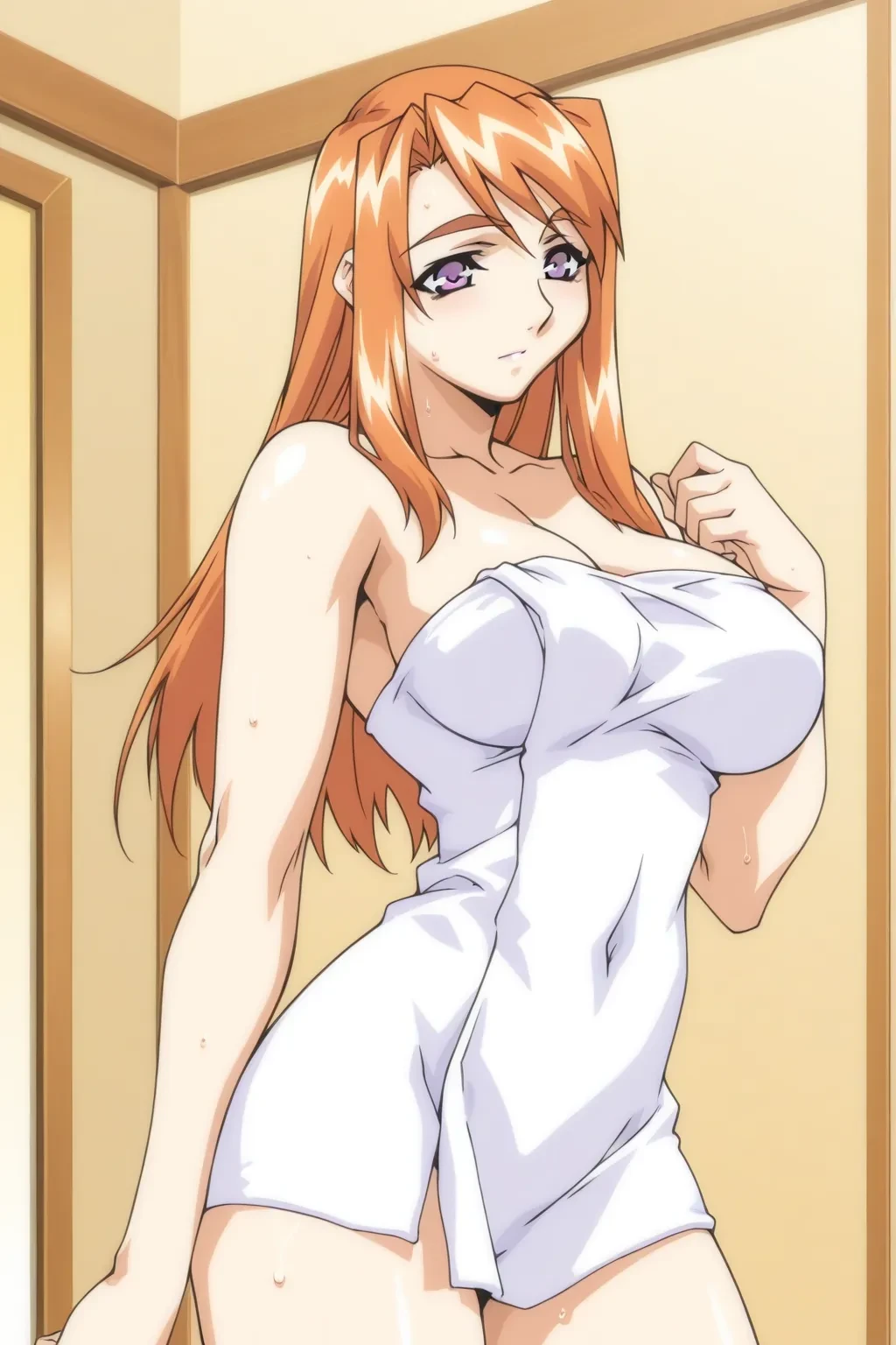 1 girl, alone, mai fuyuki, naked, towel covering the naked body, hot springs, steam, sweaty, good lighting, sunset, mai fuyuki, long hair, purple eyes, orange hair, 1 girl, alone, blushing, jewelry, earrings hoop, looking at viewer, pov (from below), embarrassed, seductive, smiling, closed mouth, big breasts, medium waist, wide hips, medium thighs, best quality, high resolution, extremely detailed, perfect and detailed anime style, 8k , masterpiece, anime art style, anime coloring, perfect hands, perfect anatomy