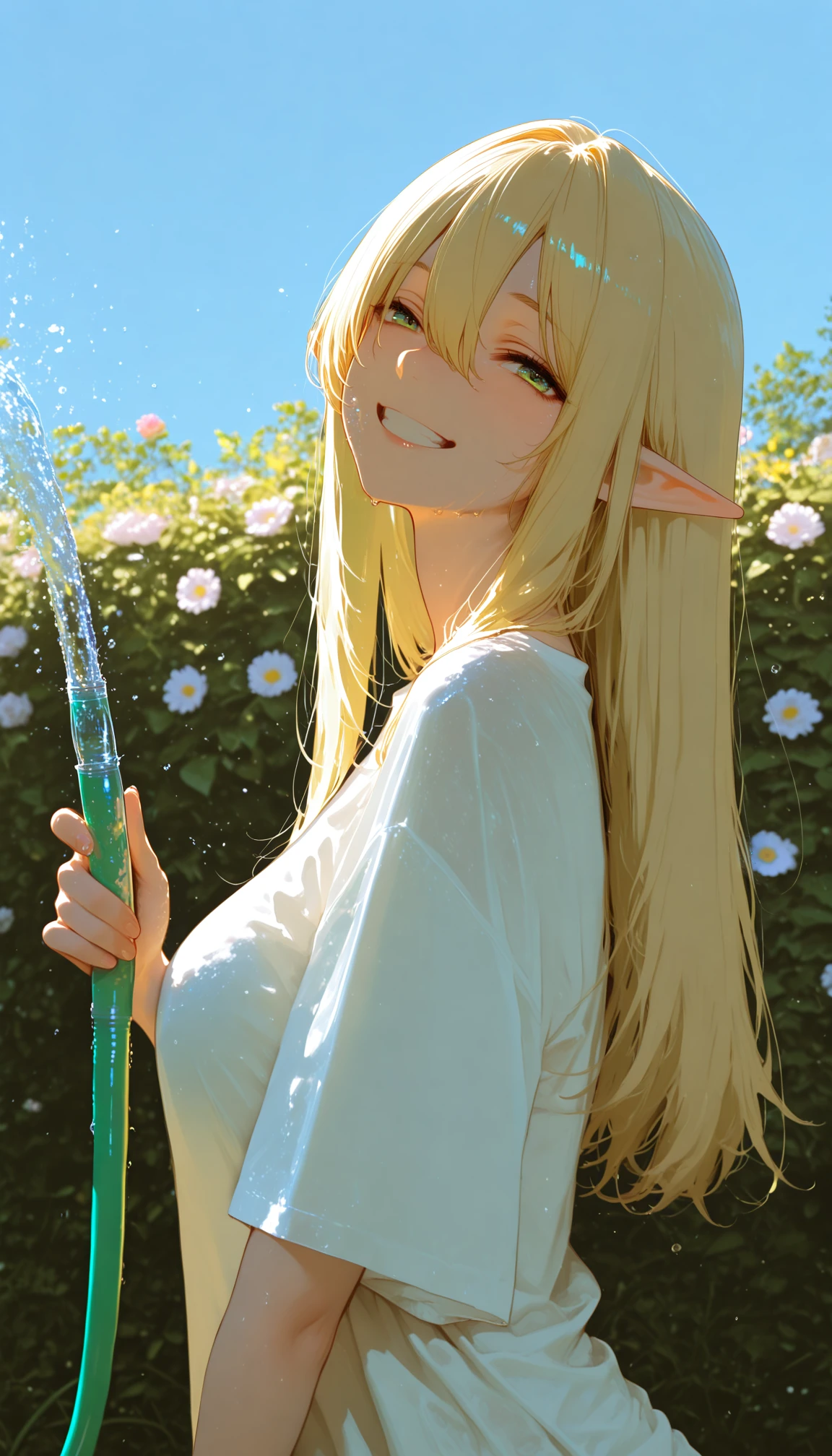 masterpiece, best quality, amazing quality, very aesthetic, absurdres, highres, newest, 2024, HDR, 8K, high detailed, subtle light, detailed background,
1girl, mature female, solo, elf, blonde hair, long straight hair, hair between eyes, green eyes, T-shirt, face focus, smiling, flowers, pots, watering, Garden area, blue sky, holding Water supply hose, holding hose, sprinkle water on, diagonal view, side view,