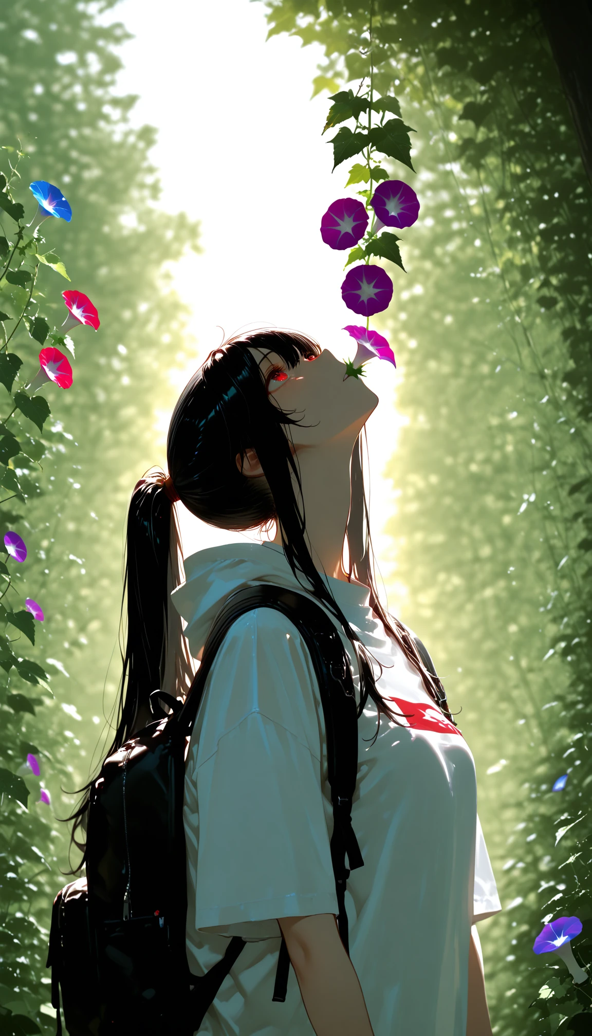 masterpiece, best quality, amazing quality, very aesthetic, absurdres, highres, newest, 2024, HDR, 8K, high detailed,
1girl, solo, black hair, long hair, high ponytail, red eyes, parka over T-shirt, short sleeves, open parka, spring, seen, outdoors, front view, looking up, backpack, morning glory, morning sun,