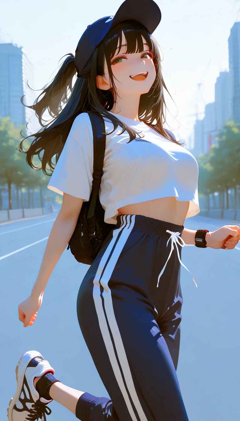 masterpiece, best quality, amazing quality, very aesthetic, absurdres, highres, newest, 2024, HDR, 8K, high detailed, detailed background, impasto, subtle light,
1girl, black hair, long hair, brown eyes, colored eyelashes, Giggling, High-fiving, look into, looking at viewer, (face focus), (upper body), (half-up body), Dry-fit cropped top, high-waisted track pants, sleek running sneakers, ankle socks, sports watch, baseball cap, mini backpack, sporty streetwear vibe, jogging, smiling, city backdrop, urban background. jumping, smiling,