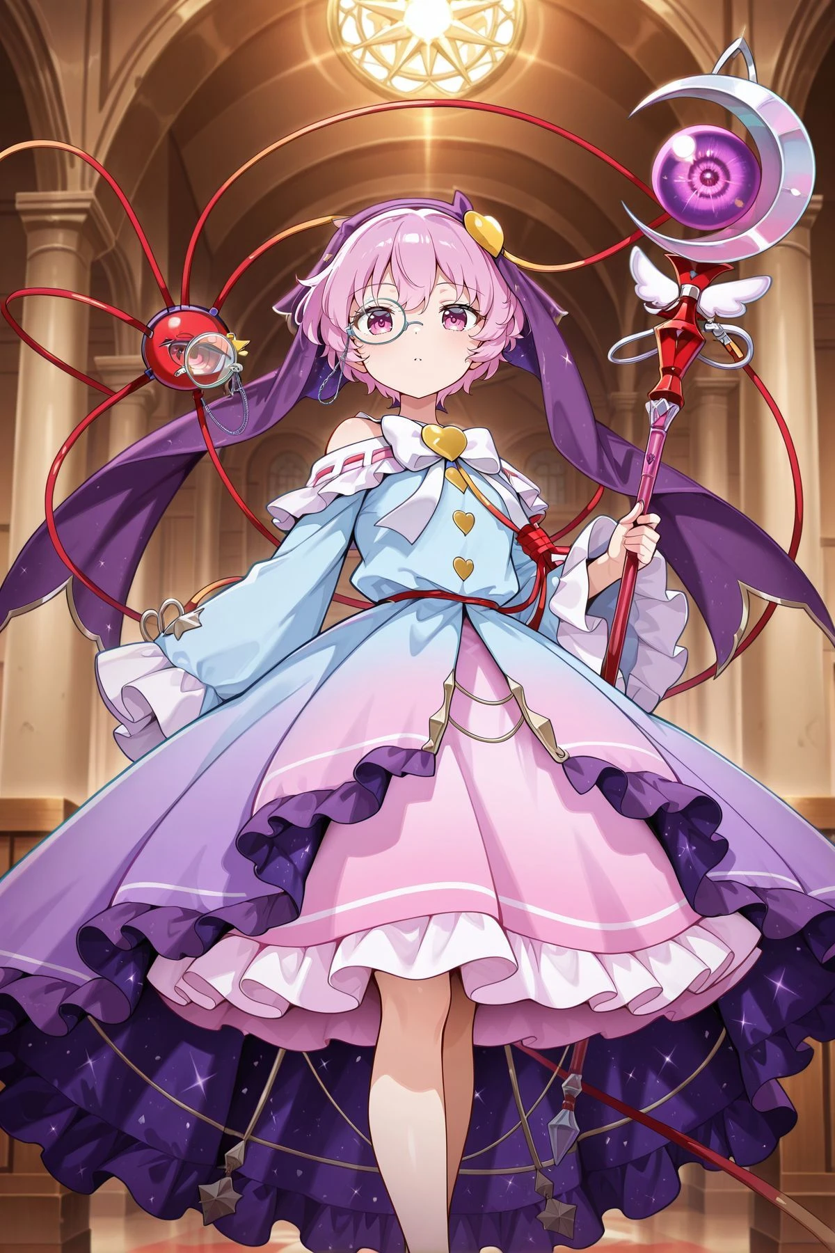 absurdres, highres, masterpiece, best quality, amazing quality, official anime artwork, screencap, anime screencap, looking at viewer, indoors,
<lora:Komeiji-Satori_IllustriousV2:1> komeiji satori, 1girl, solo, pink eyes, pink hair, short hair, third eye,, komeiji satori \(astrological magical girl\), adapted costume, purple veil, monocle, monocle chain, heart hair ornament, off shoulder, white bowtie, yellow buttons, heart button, blue dress, frilled sleeves, long sleeves, wide sleeves, gradient dress, starry sky print, magical girl, pink skirt, holding staff,
