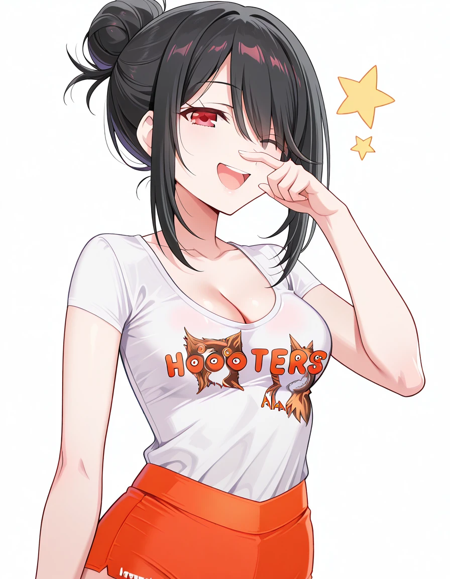 masterpiece, best quality, amazing quality,, <lora:kurumi-tokisaki-s2-illustriousxl-lora-nochekaiser:1>, kurumi tokisaki, black hair, red eyes, medium hair, folded hair, hair bun, hair over one eye, mature female, medium breasts, anime screencap, <lora:hooters-illustriousxl-lora-nochekaiser:1>, hooters, shirt, white shirt, short shorts, clothes writing, brand name imitation, orange shorts, cleavage, <lora:rubbing-nose-illustriousxl-lora-nochekaiser:1>, rubbing nose, looking at viewer, smile, one eye closed, hand up, teeth, star (symbol),, naughty_face, open mouth, <lora:transparent-background-illustriousxl-lora-nochekaiser:1>, transparent background, simple background, white background, ,