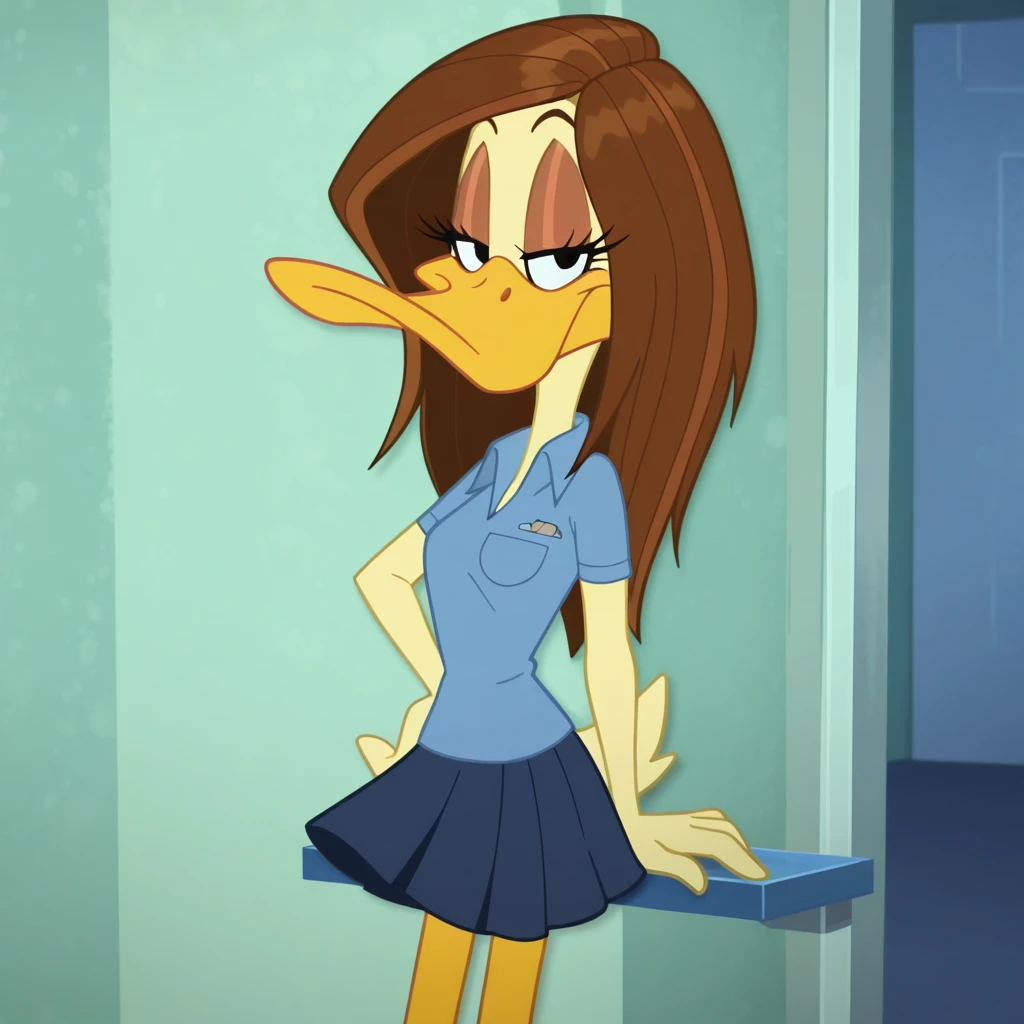 ((Best quality, masterpiece, ultra high resolution)),((full body)),sitting,(by pixelsketcher), <lora:Tina Russo:0.8>,tina russo,duck, beak, bird, eyelashes, half-closed eyes,(yellow skin),brown hair ,furry female,((blue shirt)),blue skirt,short sleeves,pocket, collared shirt, breast pocket,collared shirt,1girl,solo, on the office,behind a counter,((shirt lift)), nipples,breast,spread legs, pussy,orange legs