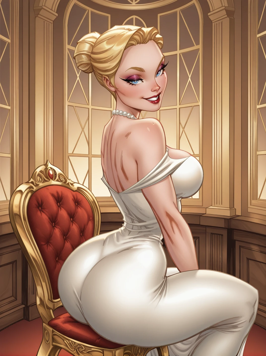 1girl, (WilmaXL:1), blonde hair, hair bun, blue eyes, necklace, single bare shoulders, white dress, makeup, parted lips, jewelry, pearl necklace,
dynamic pose, cowboy shot, looking at viewer, smile, indoors, room, from side, ass, sitting on chair, sexually suggestive, naughty face, round ass,
narrow waist, large breasts, wide hips, thick thighs,,  wide hips, mature woman, long eyelashes,  <lora:AScottCampell_style:1> JCampellXL