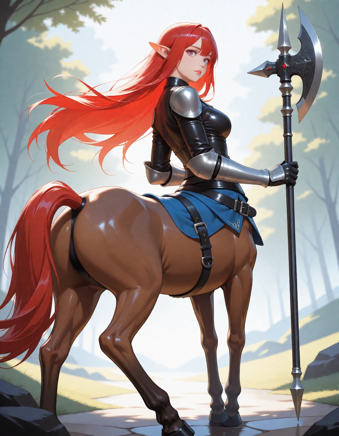 masterpiece, best_quality, very_aesthetic, highres, absurdres, ultra detailed,
<lora:negXL:0.5>
centaur, taur, solo, holding weapon, monster girl belt
holding halberd,
outdoors,Day
looking back,
from side,
extremely detailed eyes, eyes, fantastic details full face, lips,
close-look,
vivid color theme, oil painting \(medium\), realistic
trending on artstation, pixiv, cgsociety, hyperdetailed Unreal Engine 4k 8k ultra HD,