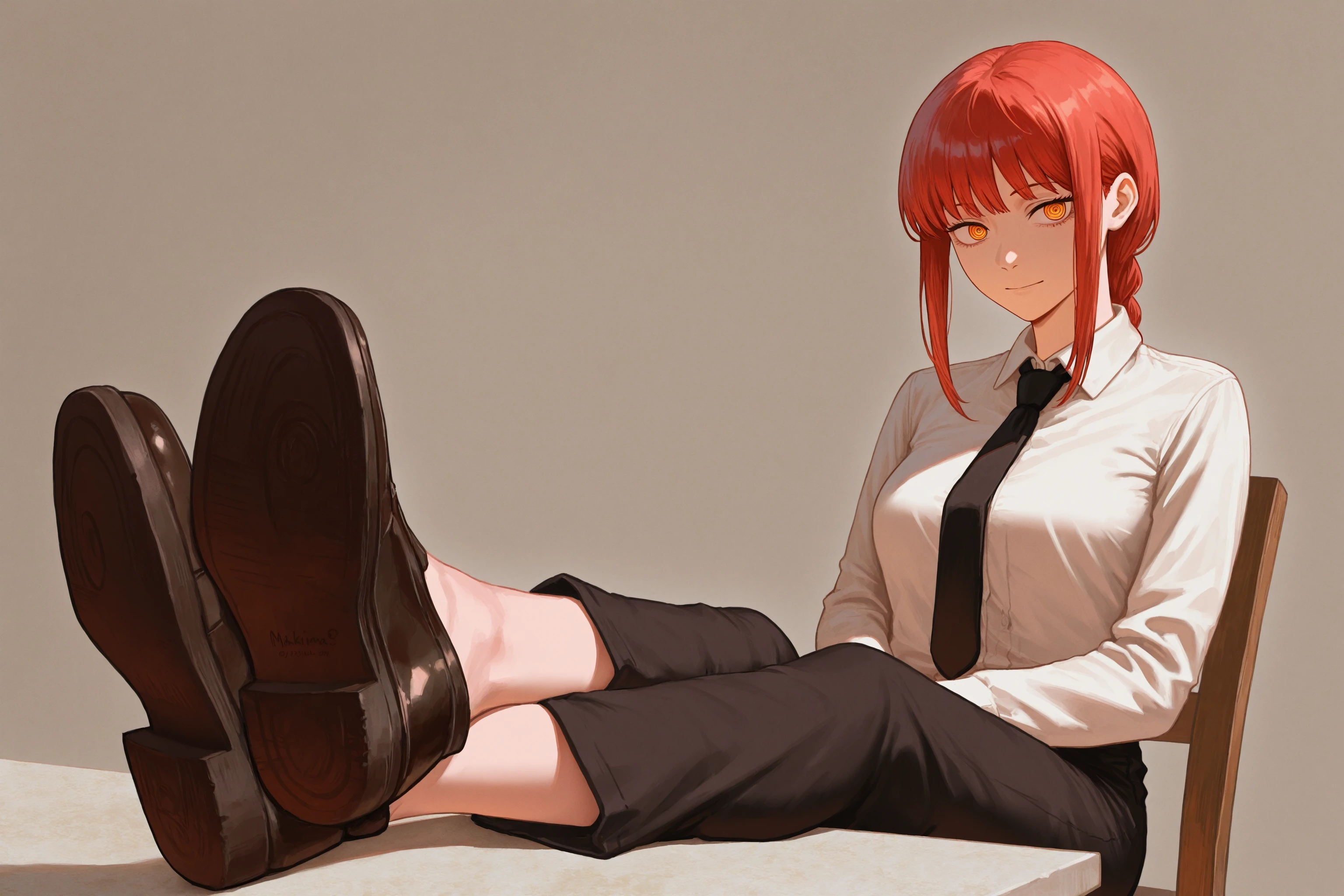 masterpiece, best quality, absurdres, safe
1girl, makima \(chainsaw man\), sitting, outstretched legs, full body, feet on table, crossed ankles,
on chair, looking at viewer, shoes,
<lora:outstretched_legs_il_2_v2_final:1>