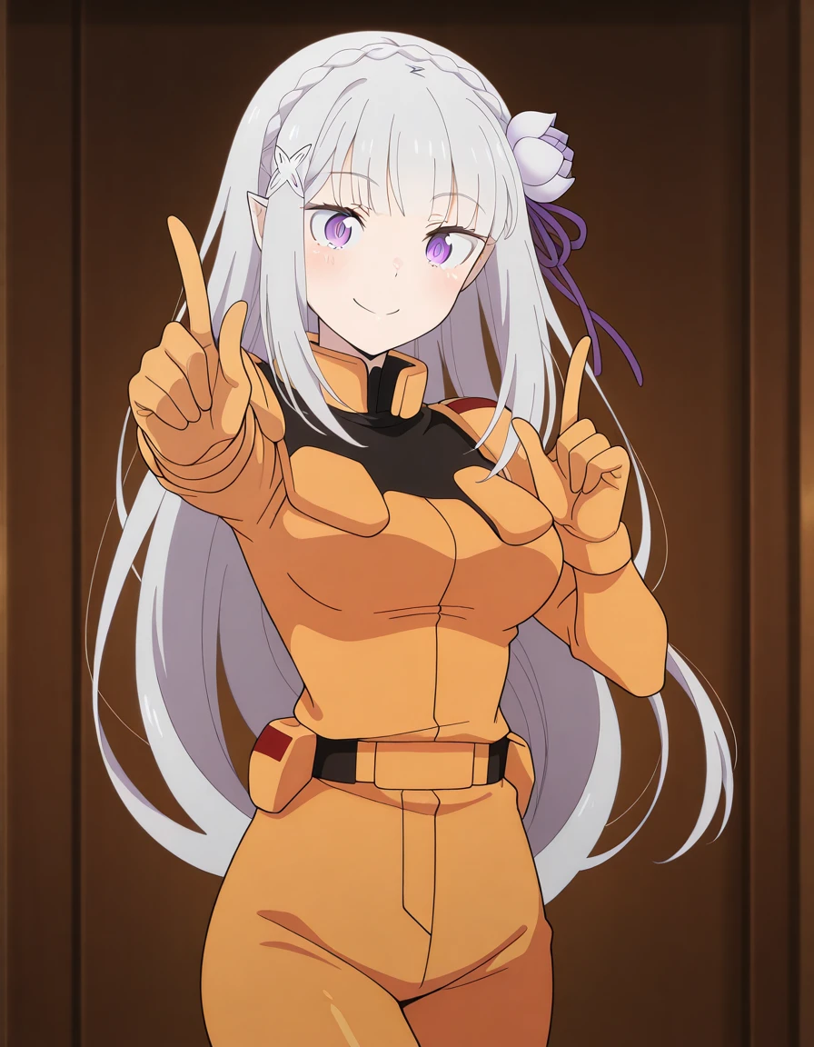 masterpiece, best quality, amazing quality,, <lora:rezero-emilia-s3-p1-illustriousxl-lora-nochekaiser:1>, emilia, braid, crown braid, flower, hair flower, hair ornament, hair ribbon, long hair, pointy ears, purple eyes, white hair, x hair ornament, breasts, anime screencap, <lora:zanscare-pilot-suit-illustriousxl-lora-nochekaiser:1>, zanscare pilot suit, gloves, uniform, bodysuit, pilot suit, orange bodysuit,, <lora:koi-dance-illustriousxl-lora-nochekaiser:1>, koi dance, index finger raised, dancing, outstretched arm, pointing at viewer, pointing, pointing up, smile, cowboy shot, blush,, akanbe, , , ,