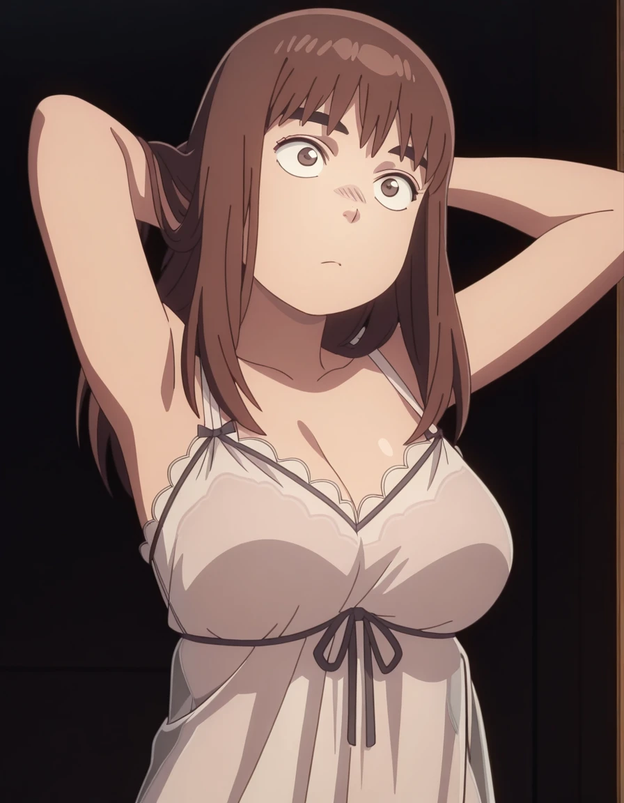 masterpiece, best quality, amazing quality,, <lora:kiruko-s1-illustriousxl-lora-nochekaiser:1>, kiruko, long hair, bangs, brown hair, brown eyes, thick eyebrows, mature female, meduim breasts, anime screencap, <lora:negligee-illustriousxl-lora-nochekaiser:1>, negligee, lingerie, sleeveless, underwear, only, see-through clothes, white negligee,, hand behind head, , ,