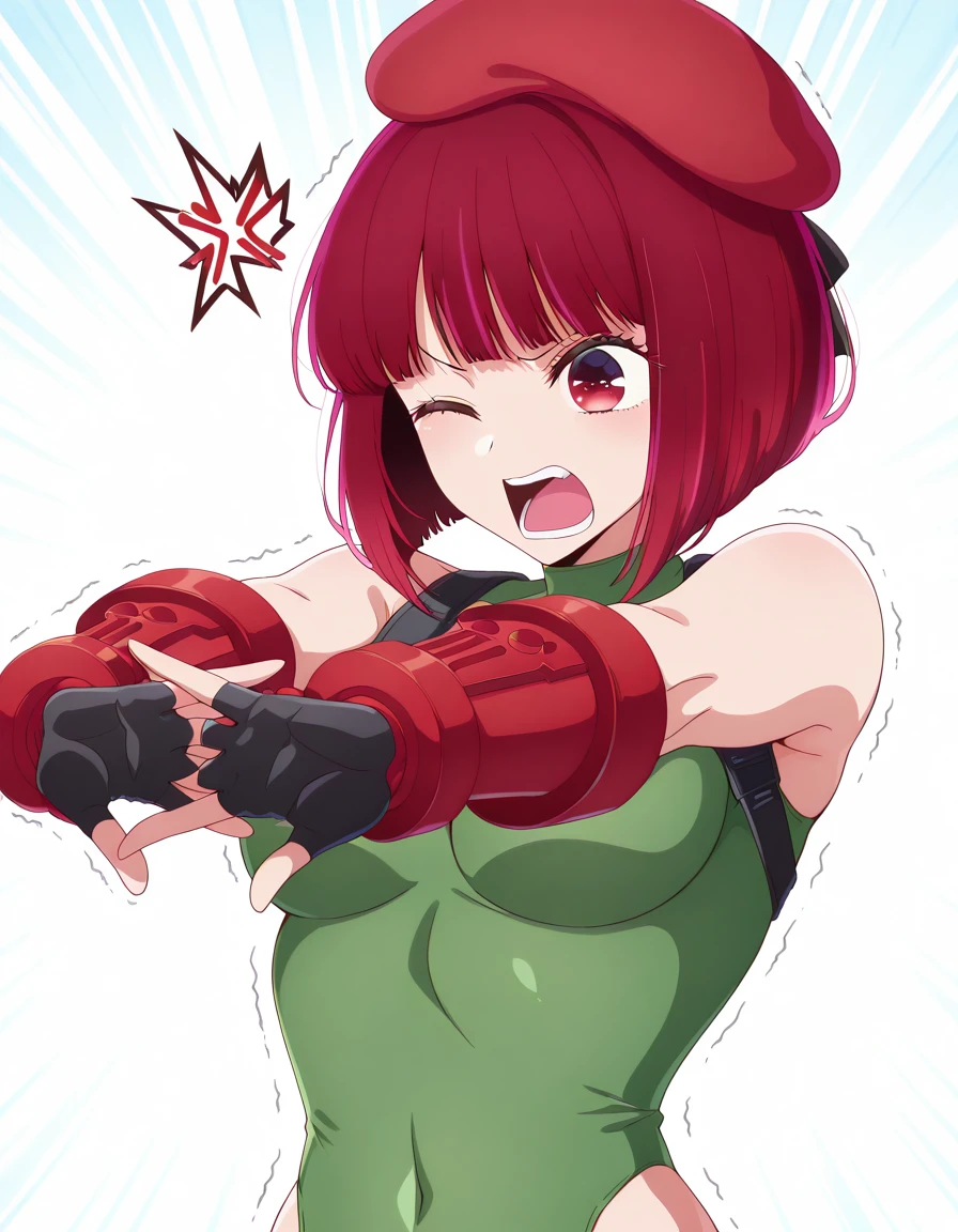masterpiece, best quality, amazing quality,, <lora:kana-arima-s1-illustriousxl-lora-nochekaiser:1>, kana arima, short hair, bangs, red eyes, red hair, bob cut, mature female, medium breasts, anime screencap,, <lora:cammy-white-cosplay-illustriousxl-lora-nochekaiser:1>, cammy white cosplay, cammy white (cosplay), beret, fingerless gloves, gloves, green leotard, hat, leotard, red beret, bare shoulders, highleg leotard,, <lora:outstretched-arms-cracking-knuckles-illustriousxl-lora-nochekaiser:1>, outstretched arms cracking knuckles, stretching, own hands together, outstretched arms, cracking knuckles, one eye closed, stretching, trembling,, angry,shouting,furrowed_brow, , , ,