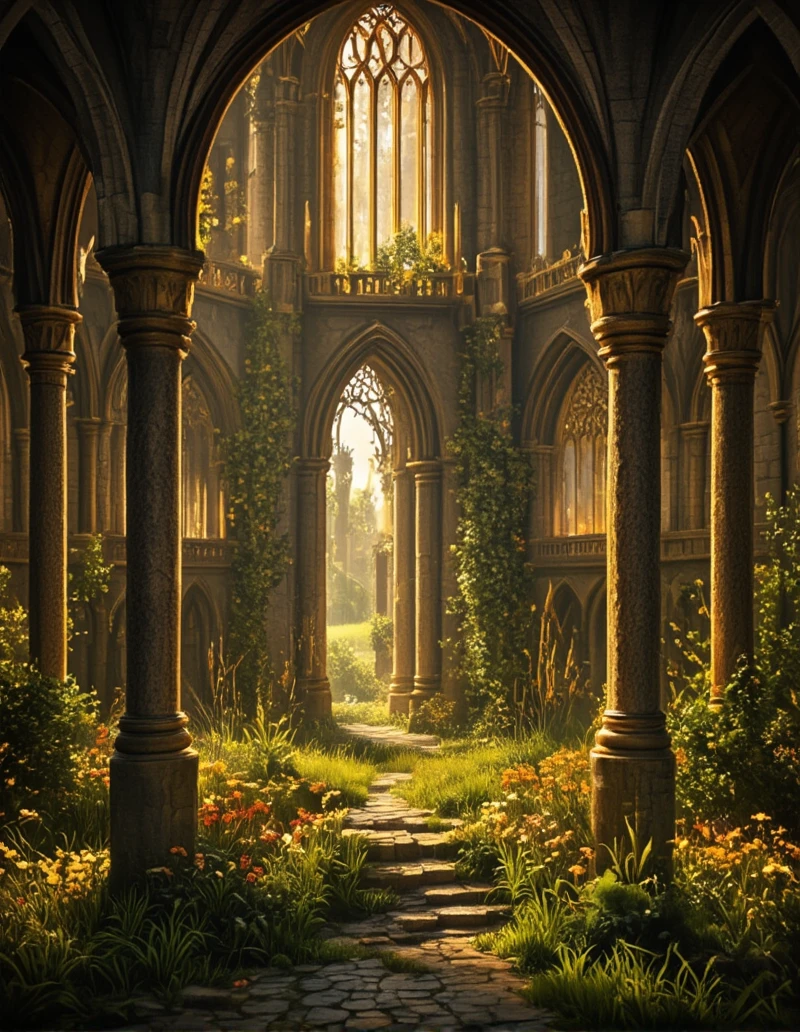 <lora:MW_Minis02flux:1> absurdres, bokeh, breaking in, closeup, columns, dark, enormous, epic, epic details, epic scale, fantasy, fire veins, flowers, gold, grass, huge, illuminated windows, indoors, medieval, medieval buildings, open jaw, t2, t5, towers, yellow
