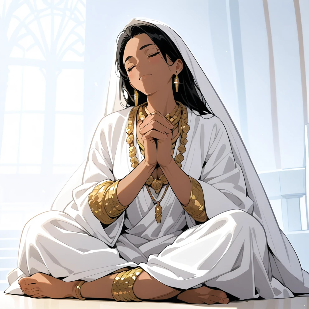 Anime,brown skin,long black hair, wearing a white sari, gold necklace, gold earrings, masterpiece, best quality, amazing quality, sitting, eyes closed, praying, hands clasped, legs folded, indoors, temple, <lora:Tan_Pokemon_Anime_style_girl:1>