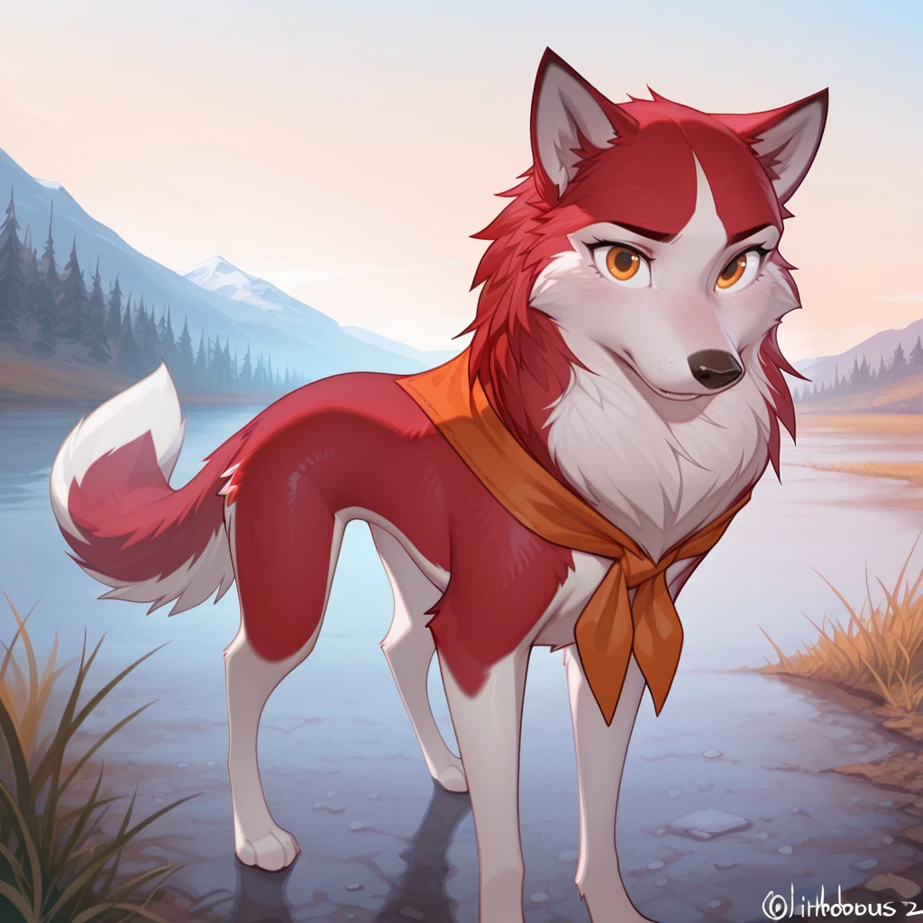 masterpiece,best quality,amazing quality, general, solo, by hio, 1girl, jenna\(balto\), amber eyes, animal, two tone fur, red fur, canine, neckerchief, feral, feral female, eyelashes, standing, outdoors, cute, looking at viewer, gorgeous, detailed, beautiful, masterpiece <lora:jennabalto2illustrious:0.6> <lora:Hioshiru_style_Illustrious:1>