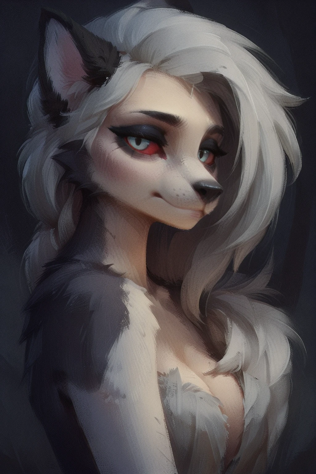 loona_\(helluva_boss\), colored_sclera, white_fur, looking_at_viewer, simple_background, masterprice, solo, , Shy pose,tir na nog