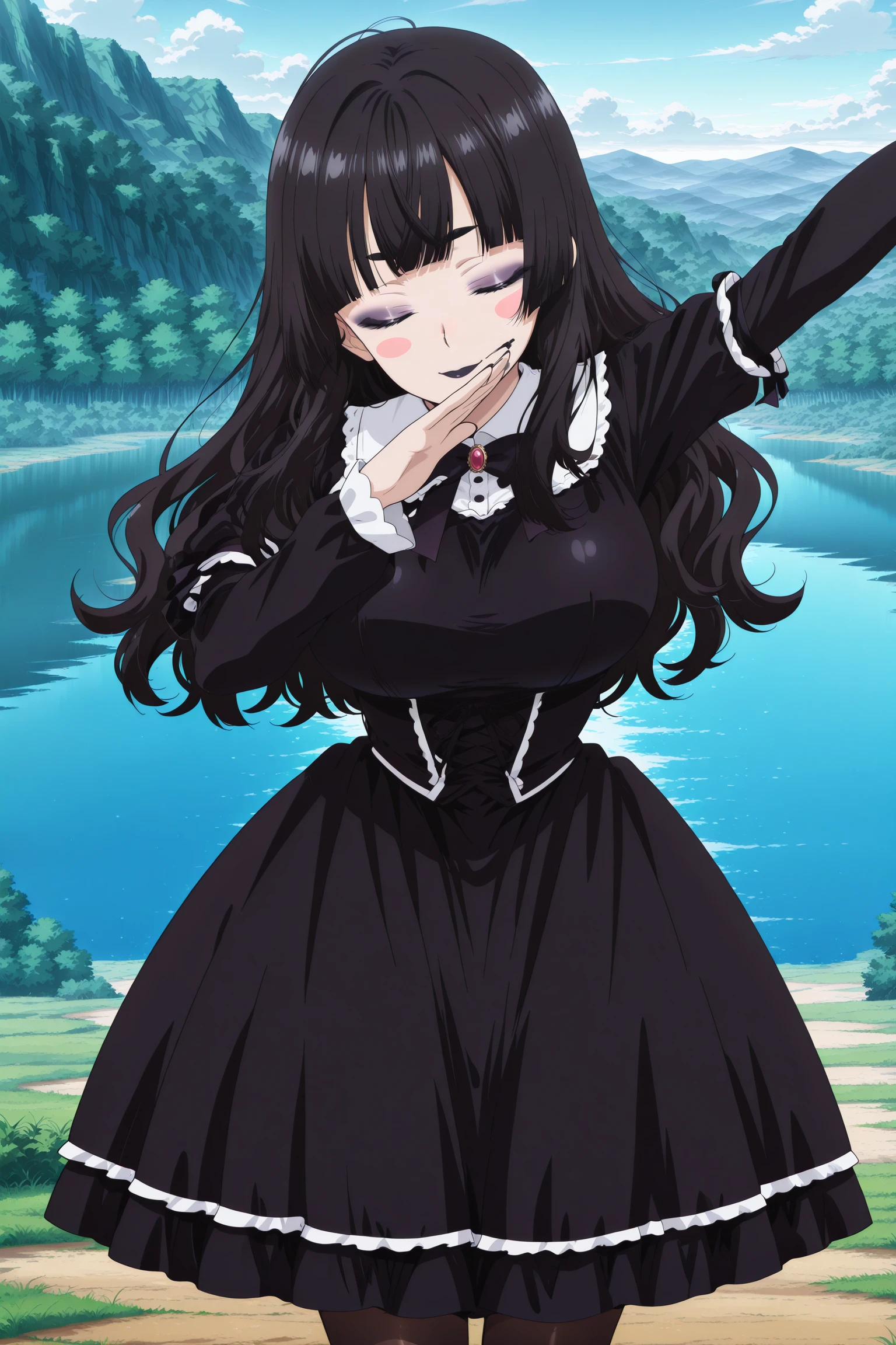 anime screencap, anime coloring, detailed face, masterpiece, best quality, very aesthetic, absurdres, volumetric lighting, official style, amazing quality, ultra detailed, highres, amazing quality, scenery, beautiful detailed hair, beautiful detailed eyes,
<lora:StS-Illustrious-Detail-Slider-v1.0:4>
outside,
<lora:Dab:1>outstretched arm, covered face, dabbing (pose),
<lora:Emi_Erokuro_MetalchromeX_official_mascot_character:0.8> 1girl, solo, closed eyes, black hair, black eyebrows, blush stickers, large breasts, long hair, wavy hair, hair down, bangs, hime cut, gothic clothing, gothic dress, black stockings, eyeshadow, black lipstick, black fingernails