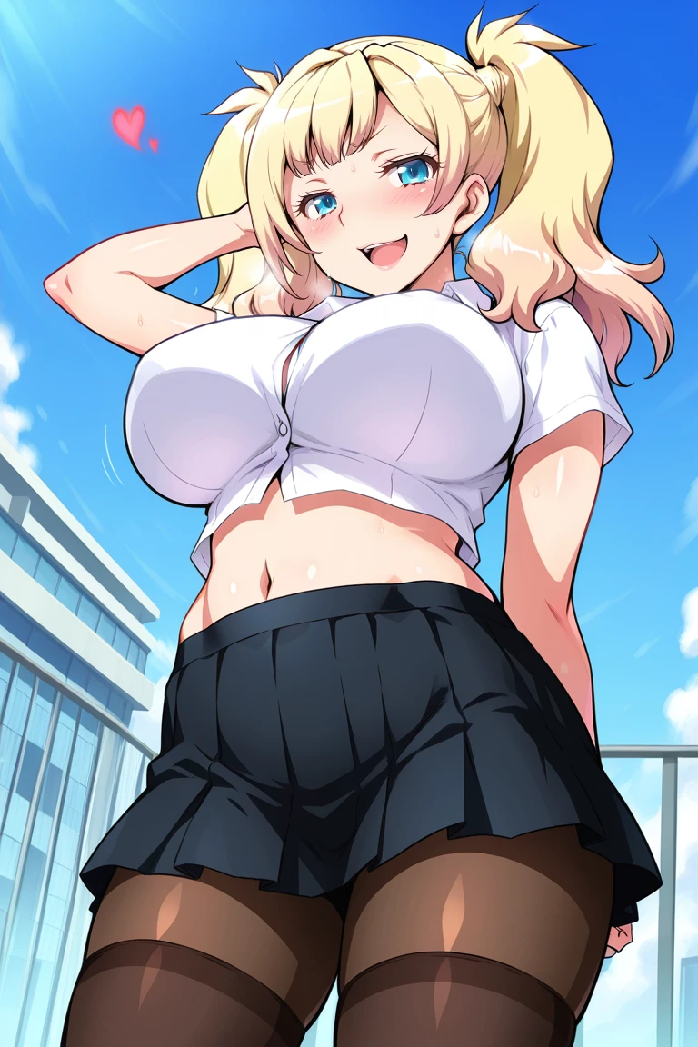 ((bimbo)), 1 girl, Wide hips, outdoor, Tokyo Street, perfect face, Perfect eyes, Perfect skin, thick thighs, looking at the viewer, beautiful face, cowboy shot, standing, improve, huge breasts, Alone, long silky blonde hair, tied white shirt, neckline, kogal, Dark skin, blue pleated skirt, mujer standingl oscura, belly button, big breasts, blush, blue eyes, belly button, large hoop earrings, pose sexy, wifes, jewelry, two tails, light smile